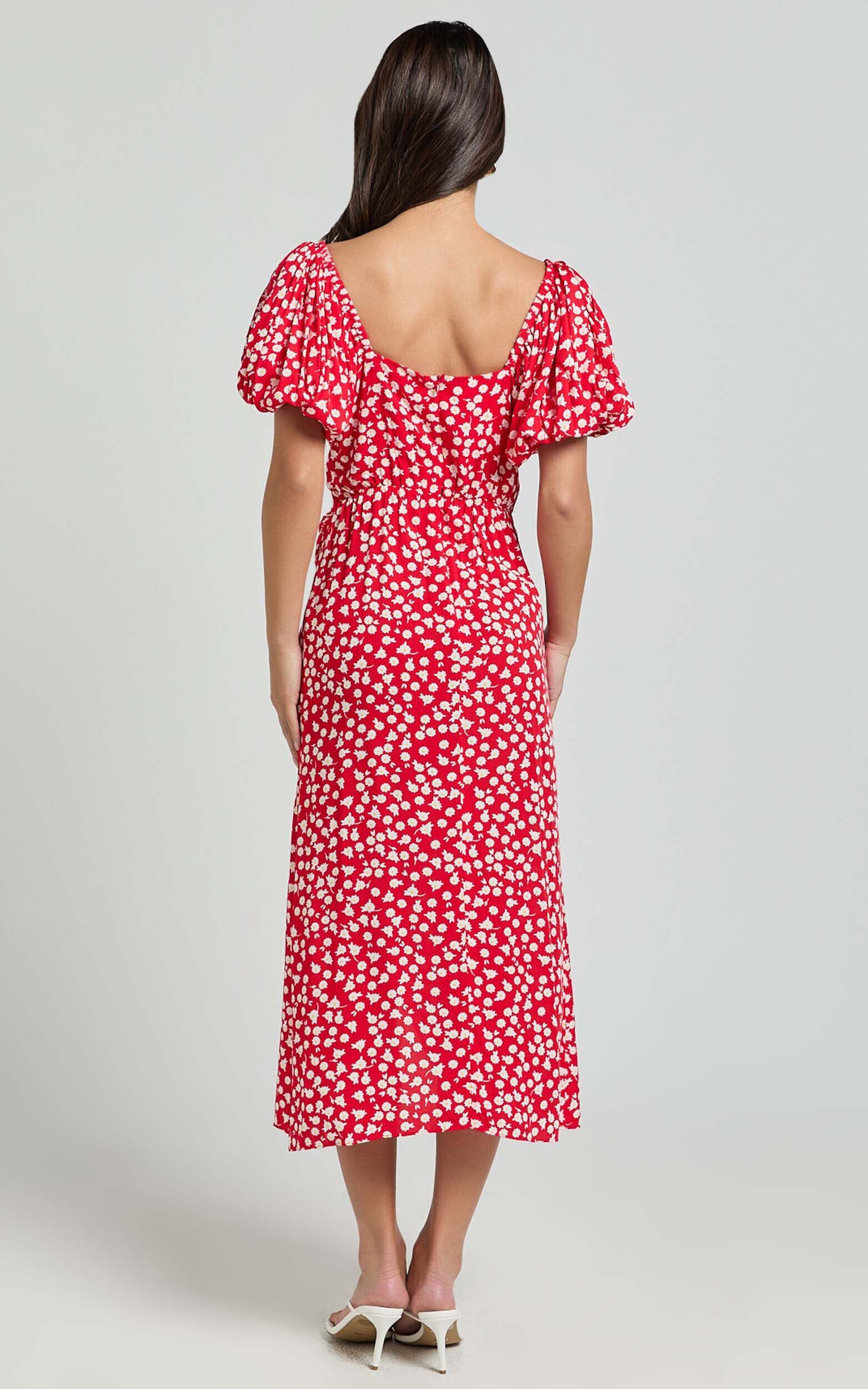 Carlyn Midi Dress - Sweetheart Puff Sleeve Wrap Dress in Red Floral