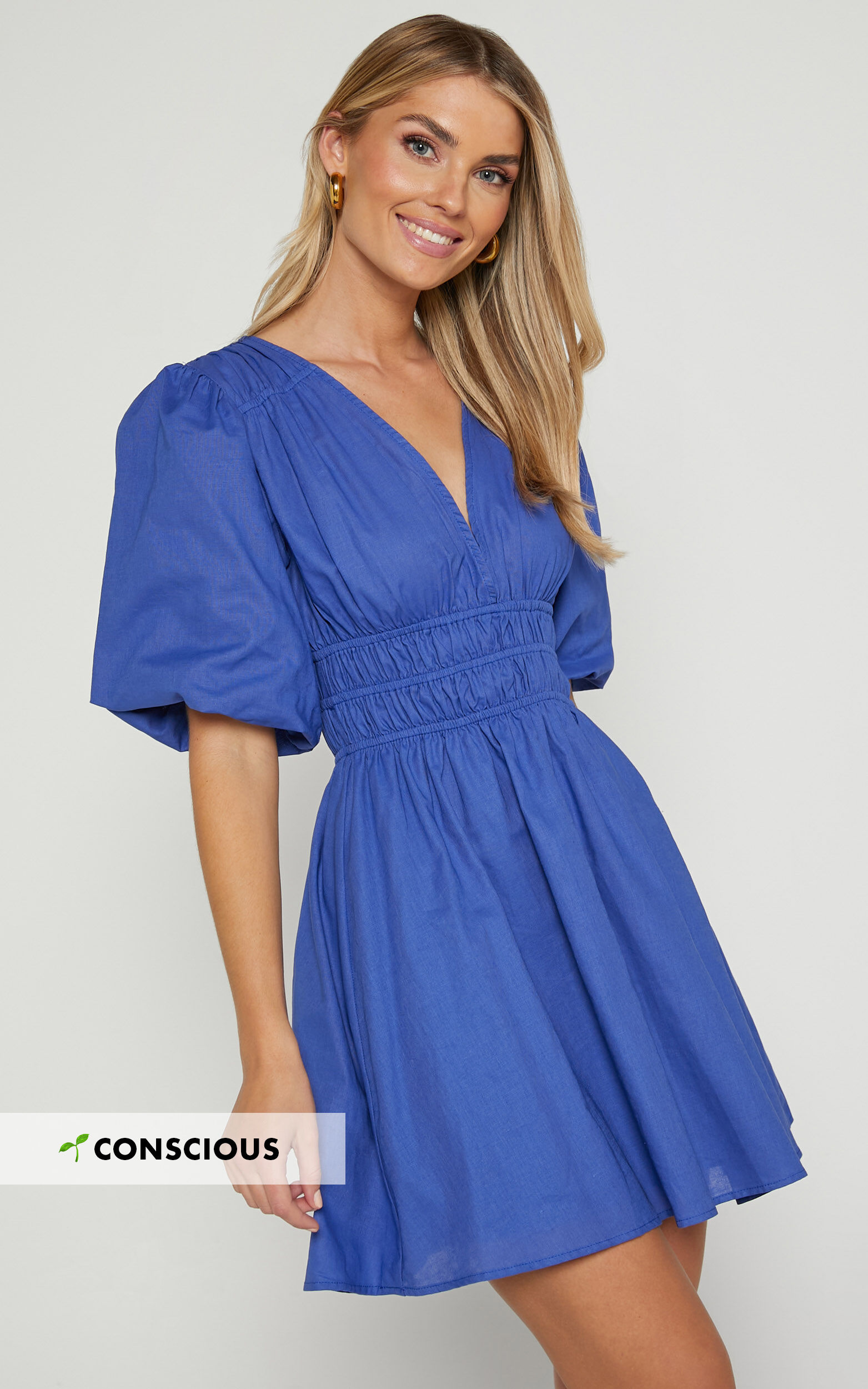 Francesca V Neck Puff Sleeves Mini Dress in Cornflower Blue