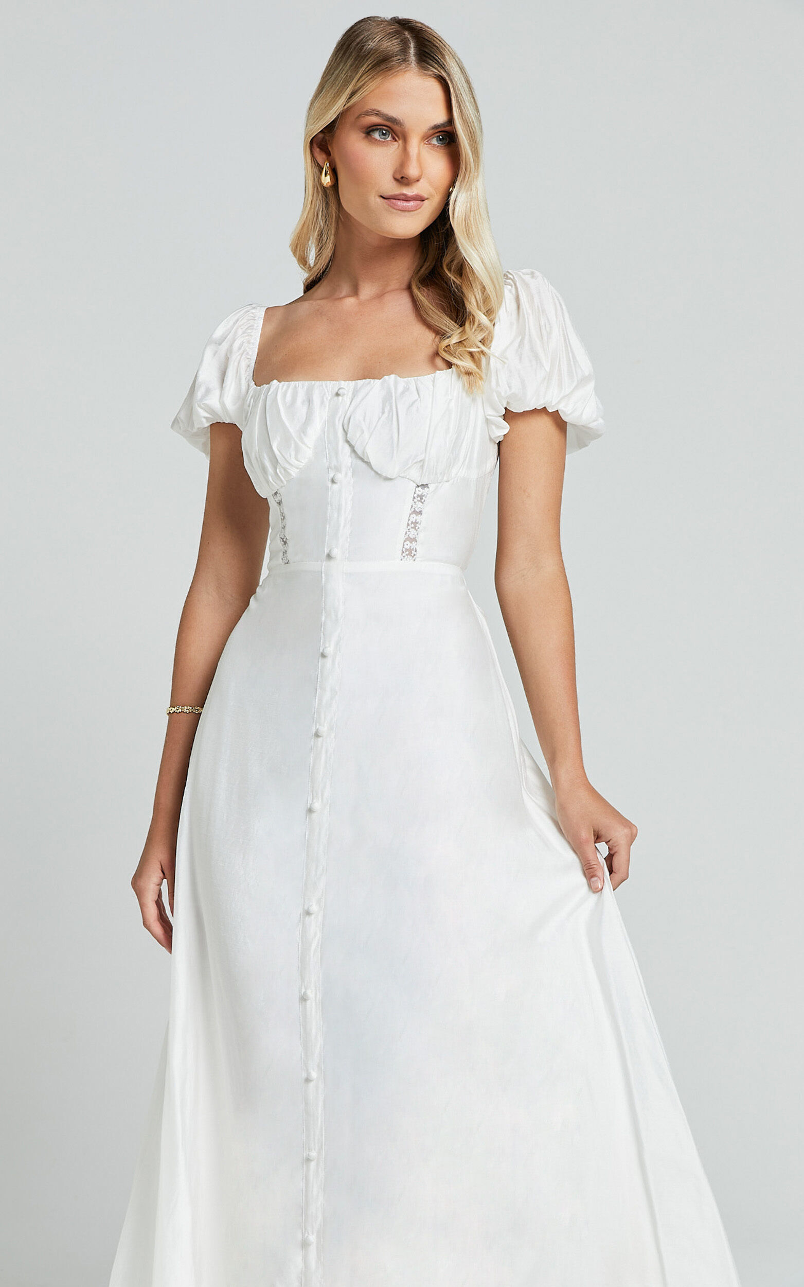 Giselle Midi Dress - Puff Sleeve Corset Flare Dress in White