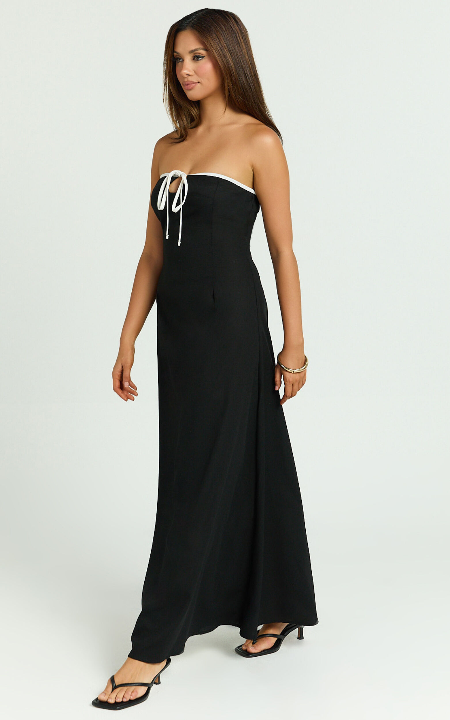 Lashara Maxi Linen Dress - Strapless Contrast Dress in Black