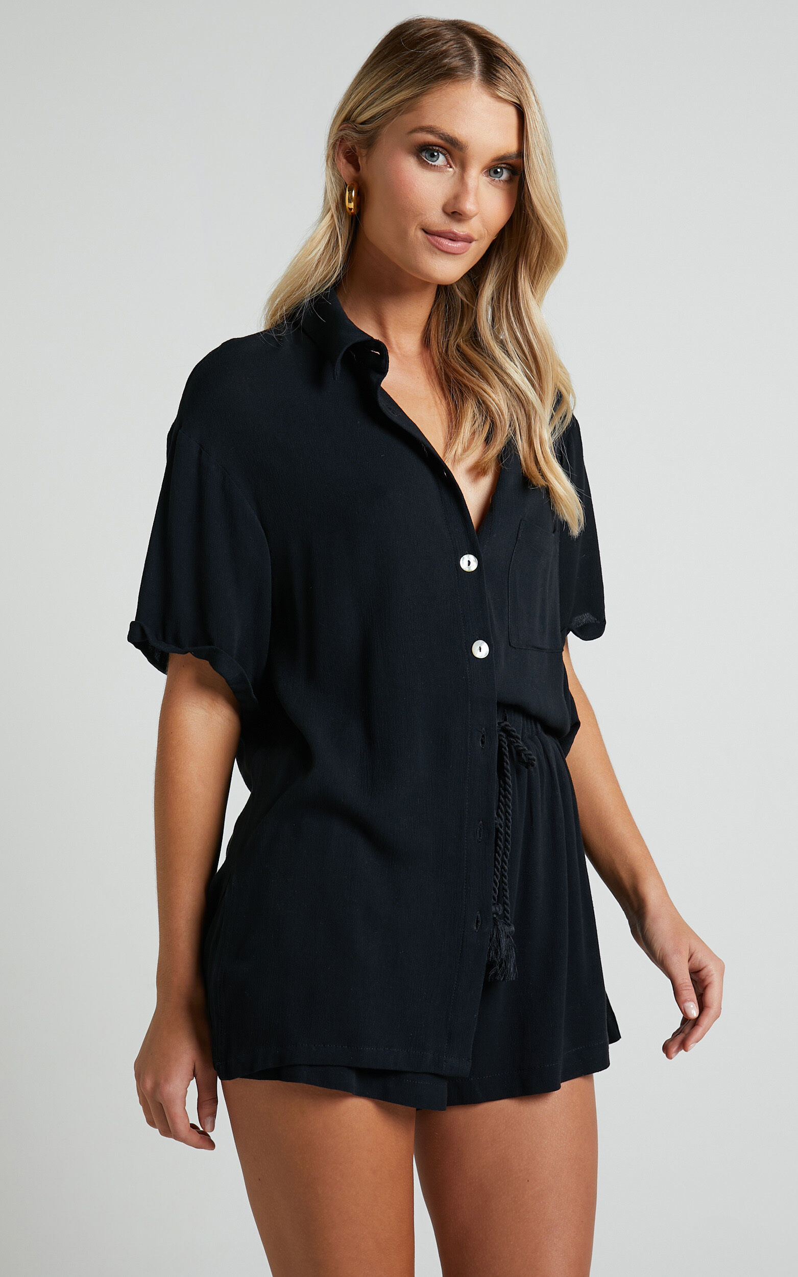 Jubilee Two Piece Set - Button Up Shirt and Shorts Set in Black
