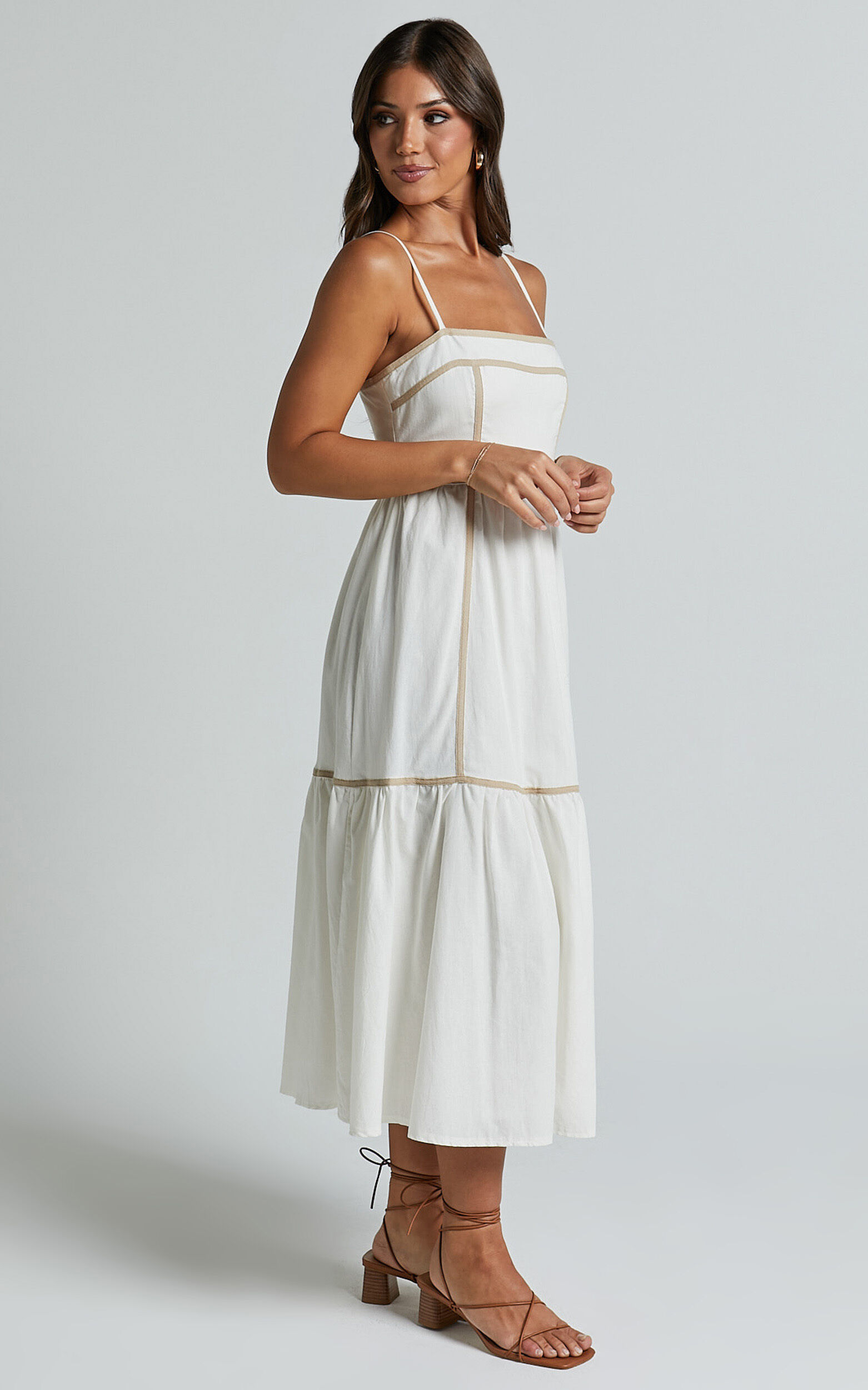 Chanika Midi Dress - Straight Neck Sleeveless Tiered Dress in White with Beige Contrast