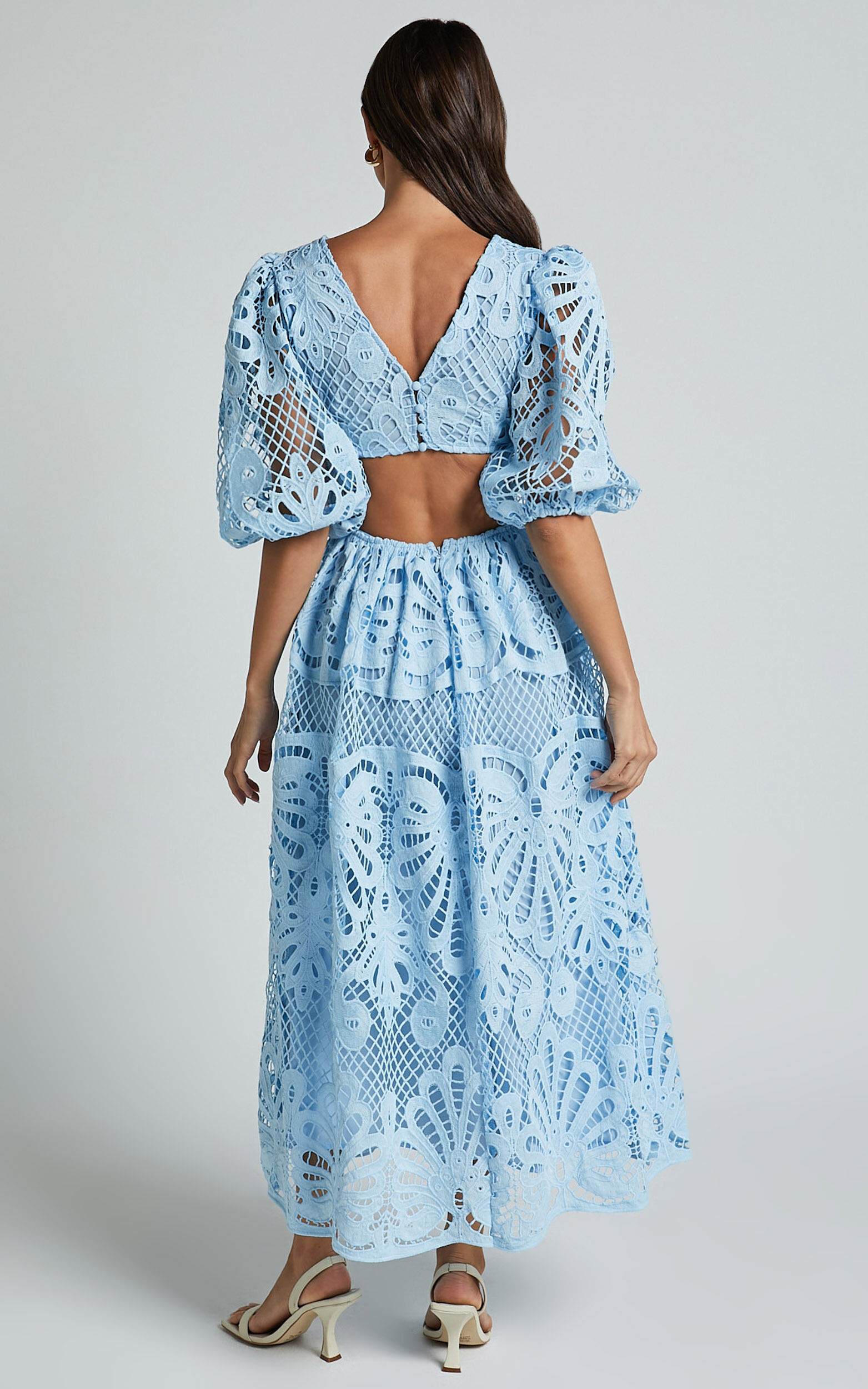 Anieshaya Midi Dress - V Neck Cut Out Lace Dress in Soft Blue