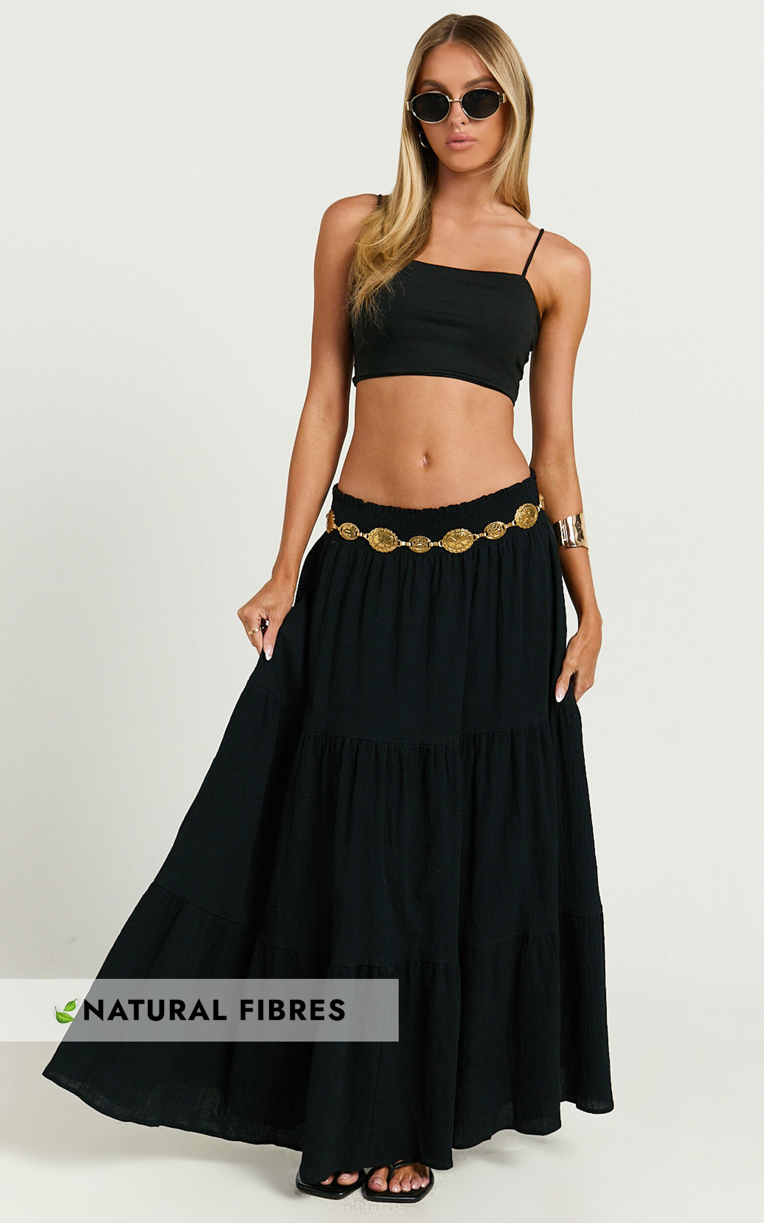 Ruby Midi Skirt - Shirred High Waist Cotton Tiered Midi Skirt in Black