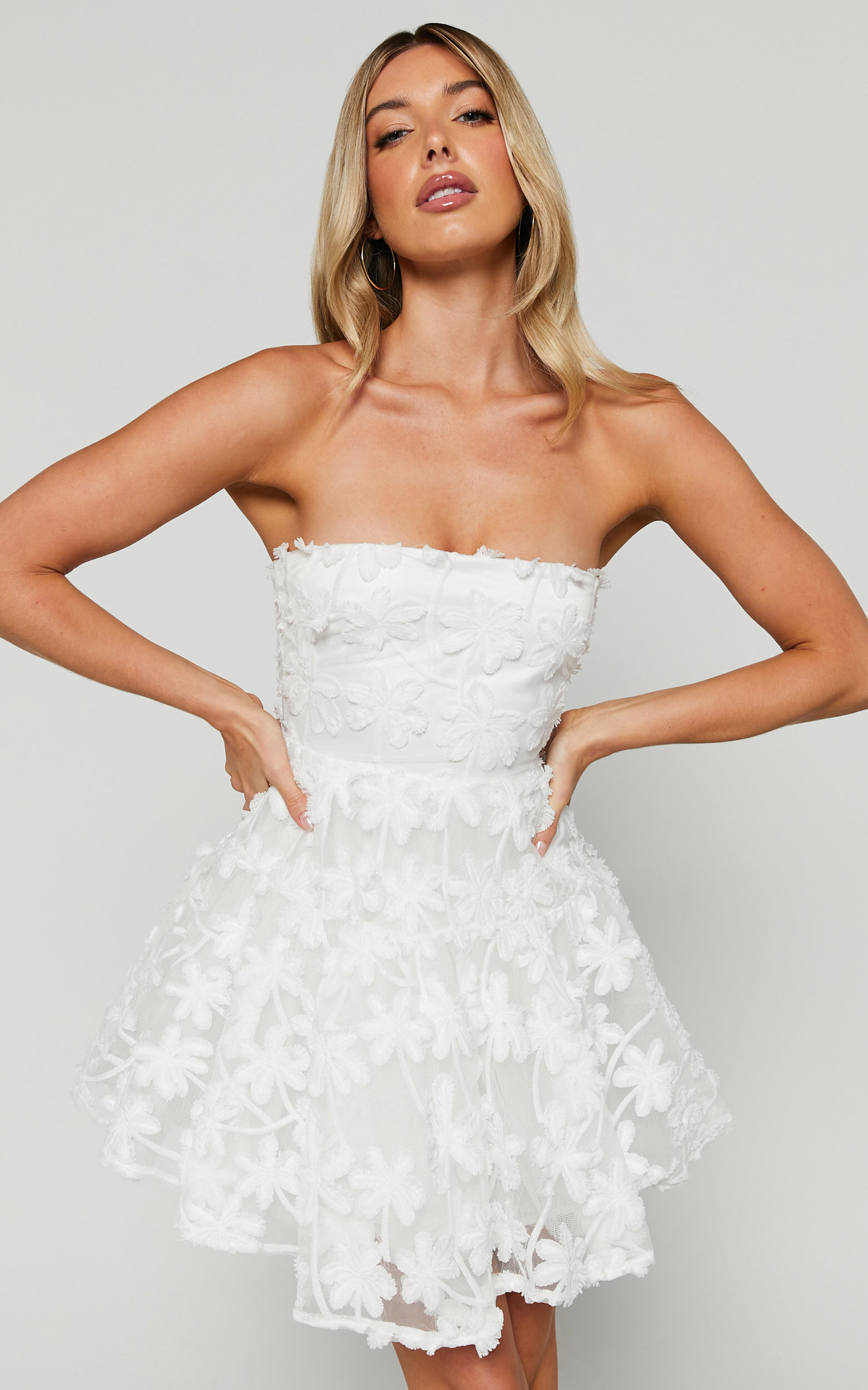 Rheiva Mini Dress - Strapless 3D Embroidery Dress in White