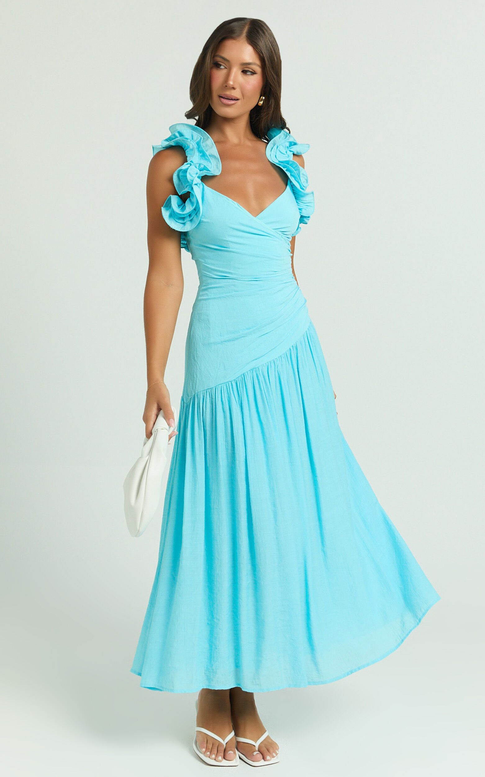 Memie Midi Dress - Drop Waist Ruffle Sleeve Dress in Blue