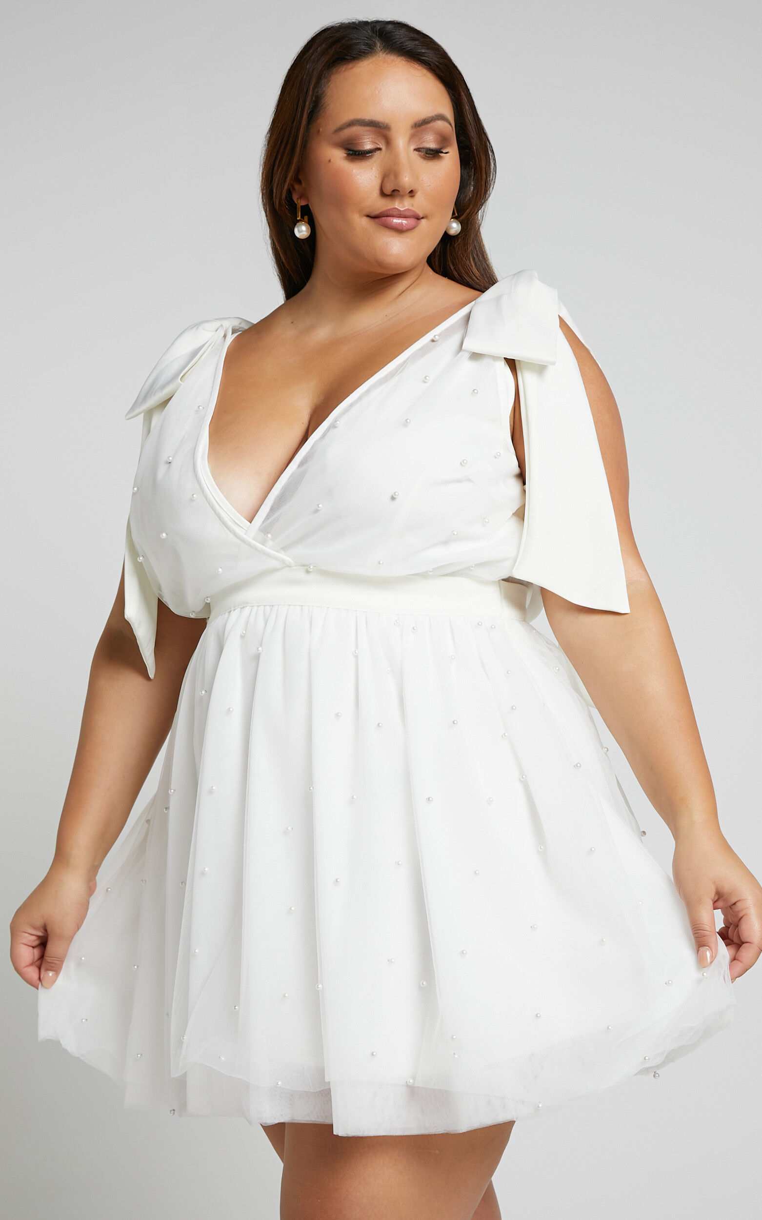 Karalyn Mini Dress - Bow Strap Plunge Pearl Detail Dress in White