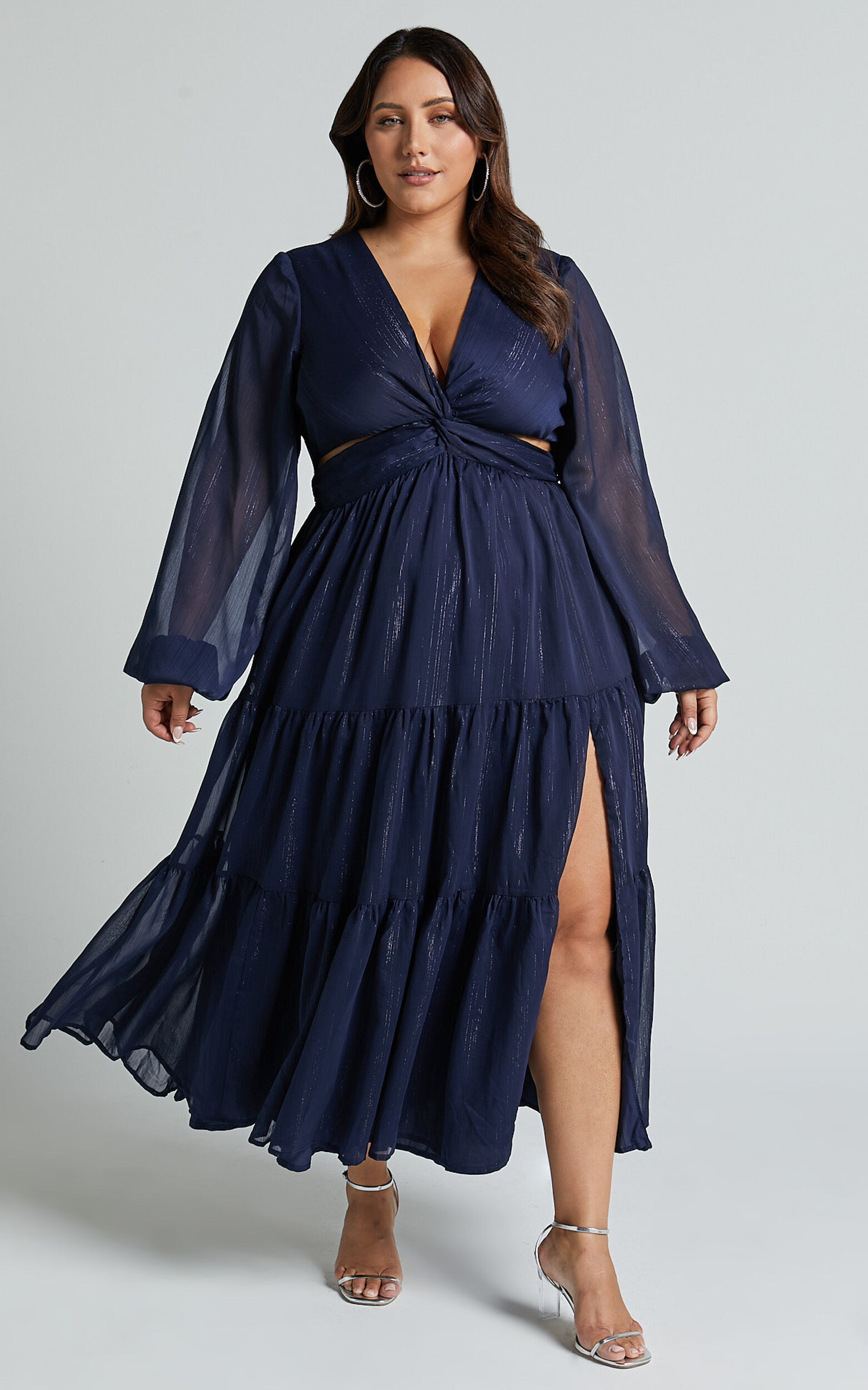 Edelyn Midi Dress - Cut Out Balloon Sleeve Tiered Dress in Navy