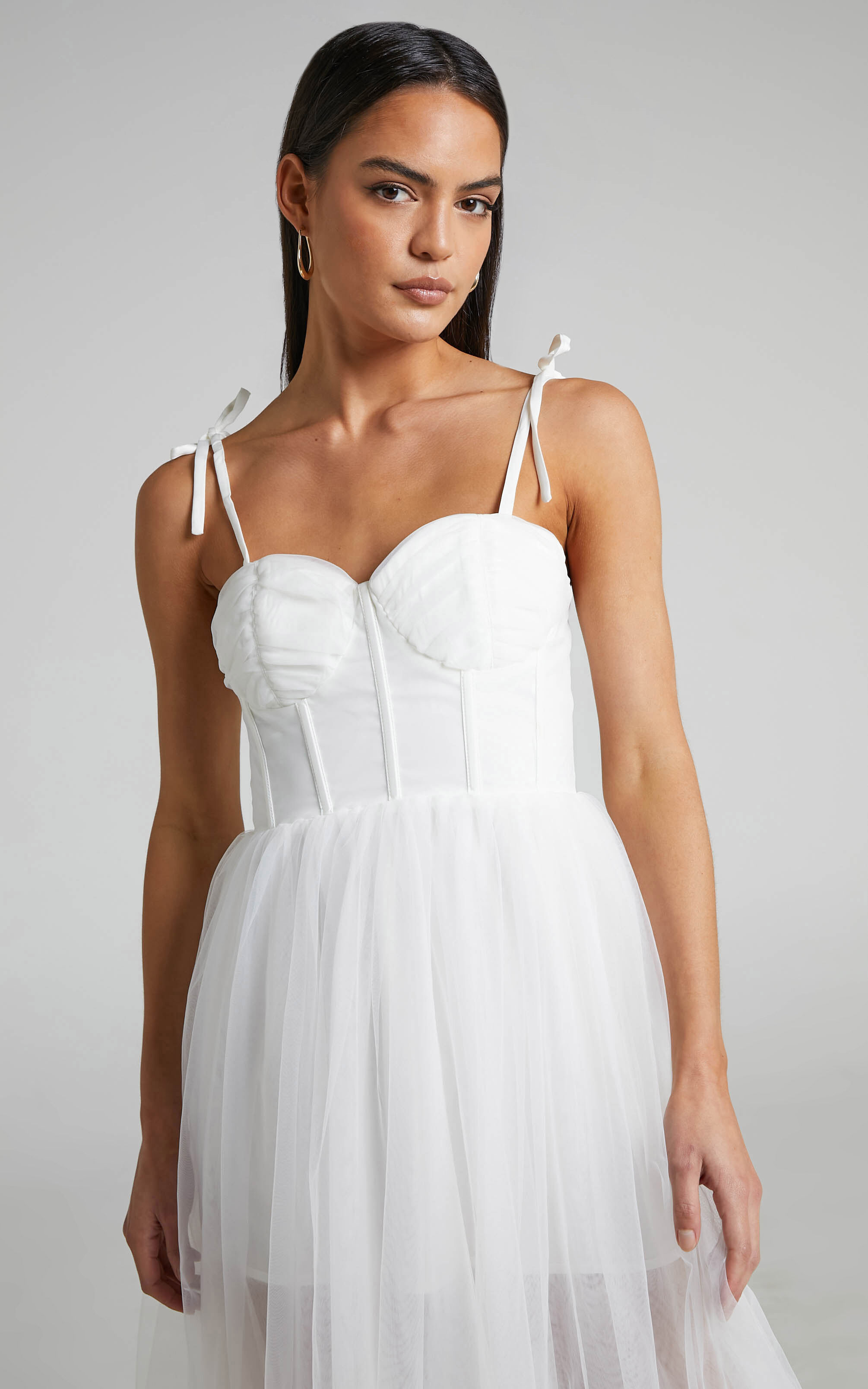 Aisha Midi Dress - Bustier Bodice Tulle Dress in White