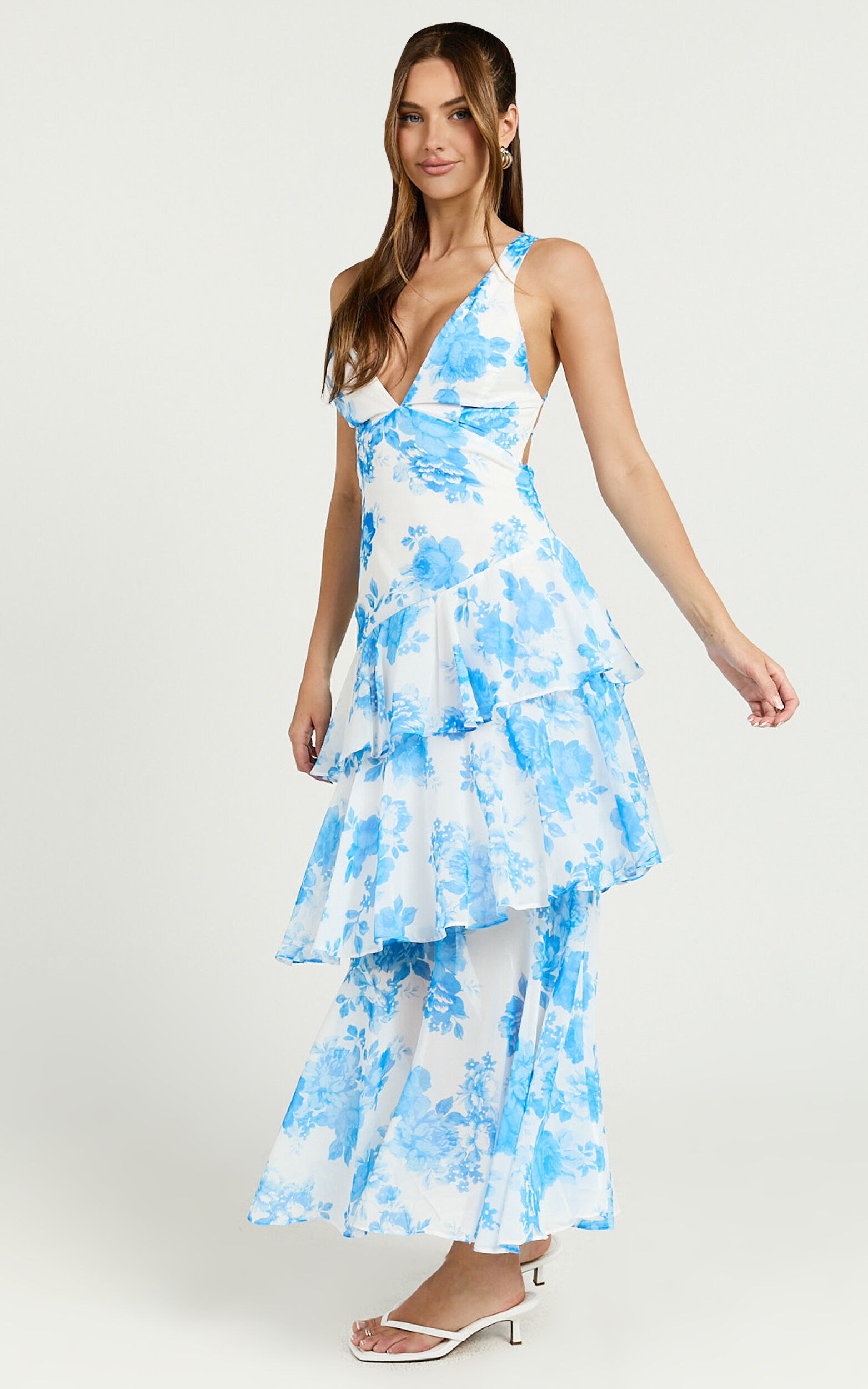 Beryl Midi Dress - Deep V Neck Sleeveless Layered Dress in Blue Floral