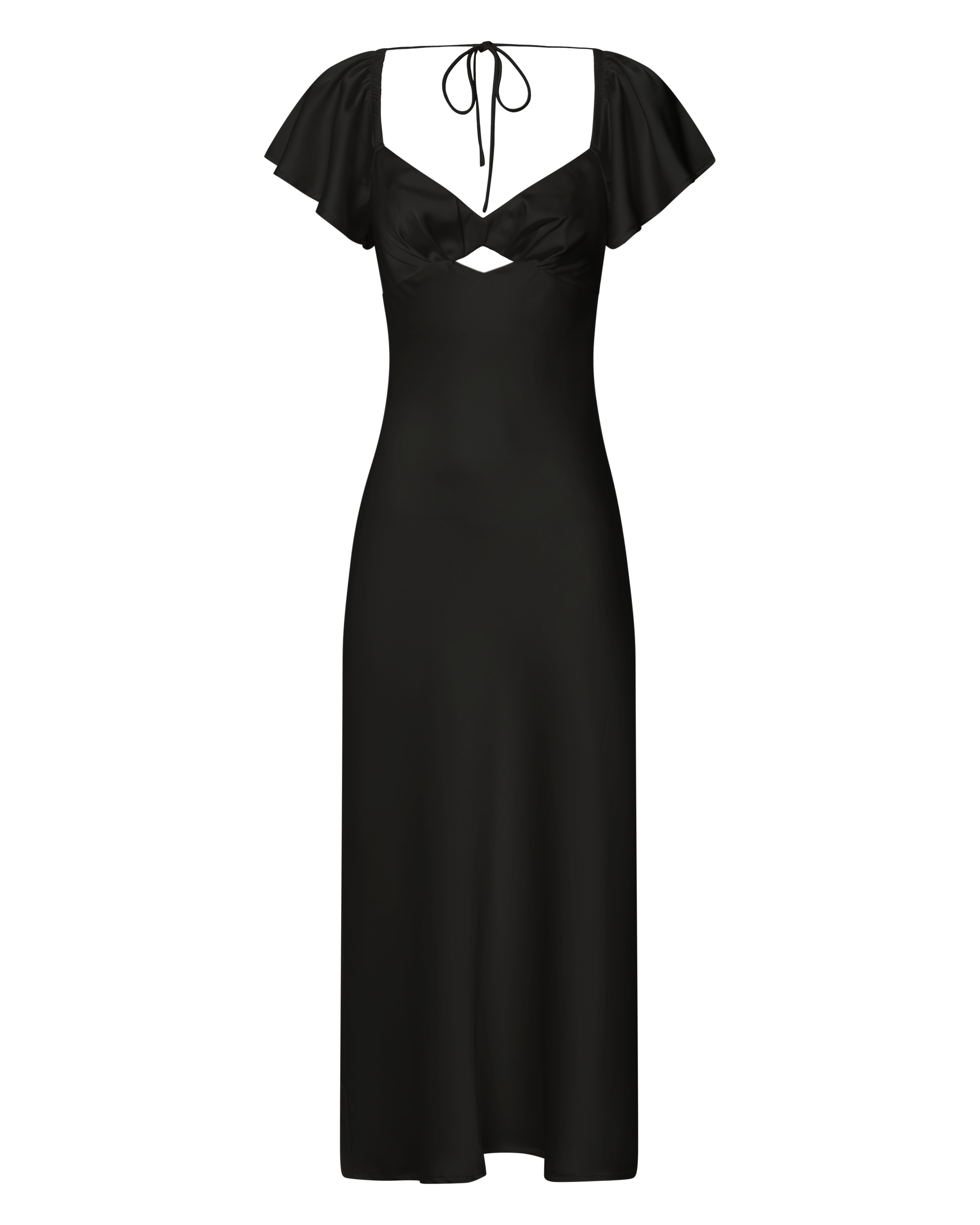 Emberlynn Midi Dress - Flutter Sleeve Cut Out Satin Dress in Black