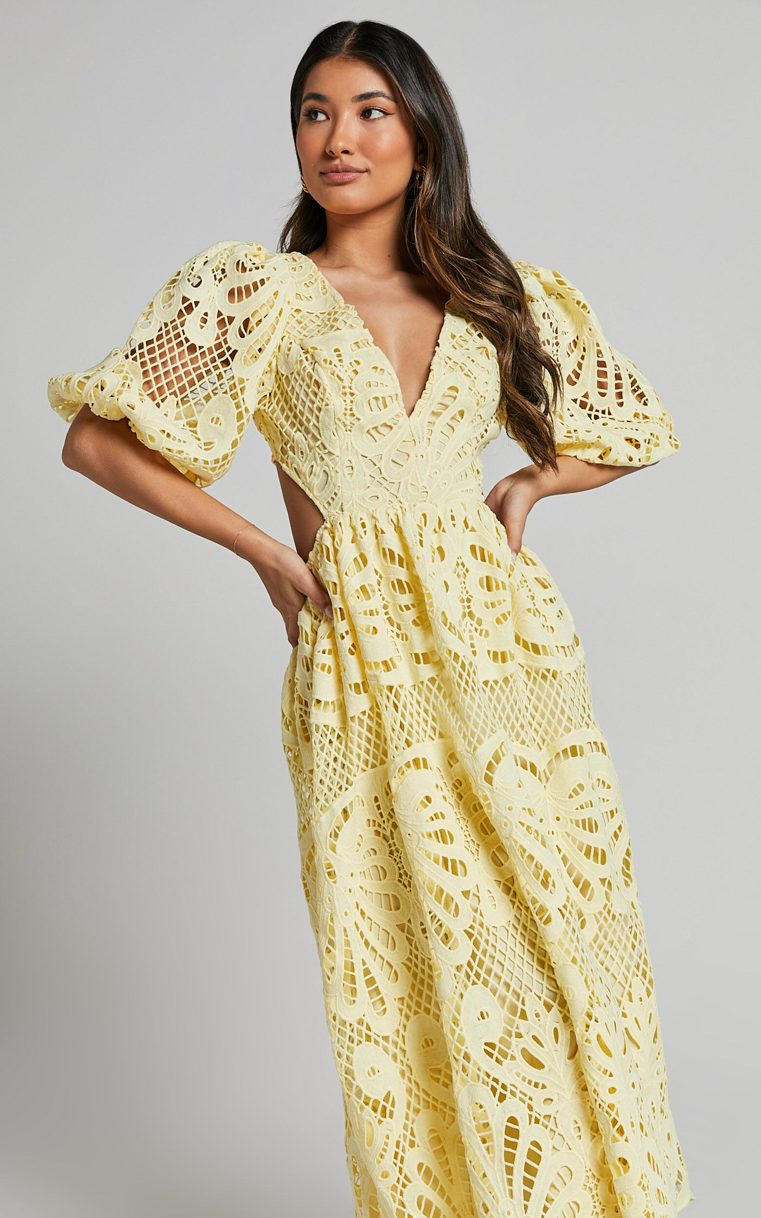 Anieshaya Midi Dress - V Neck Cut Out Lace Dress in Lemon