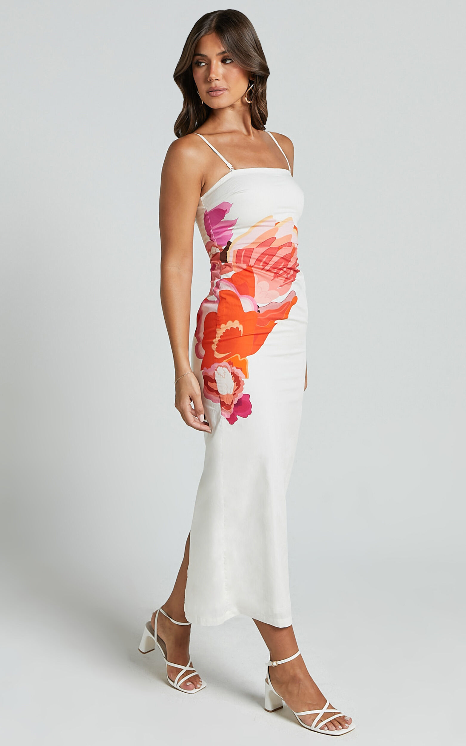 Kimber Midi Dress - With Detachable Shoulder Straps Dress in Pink and Red Print