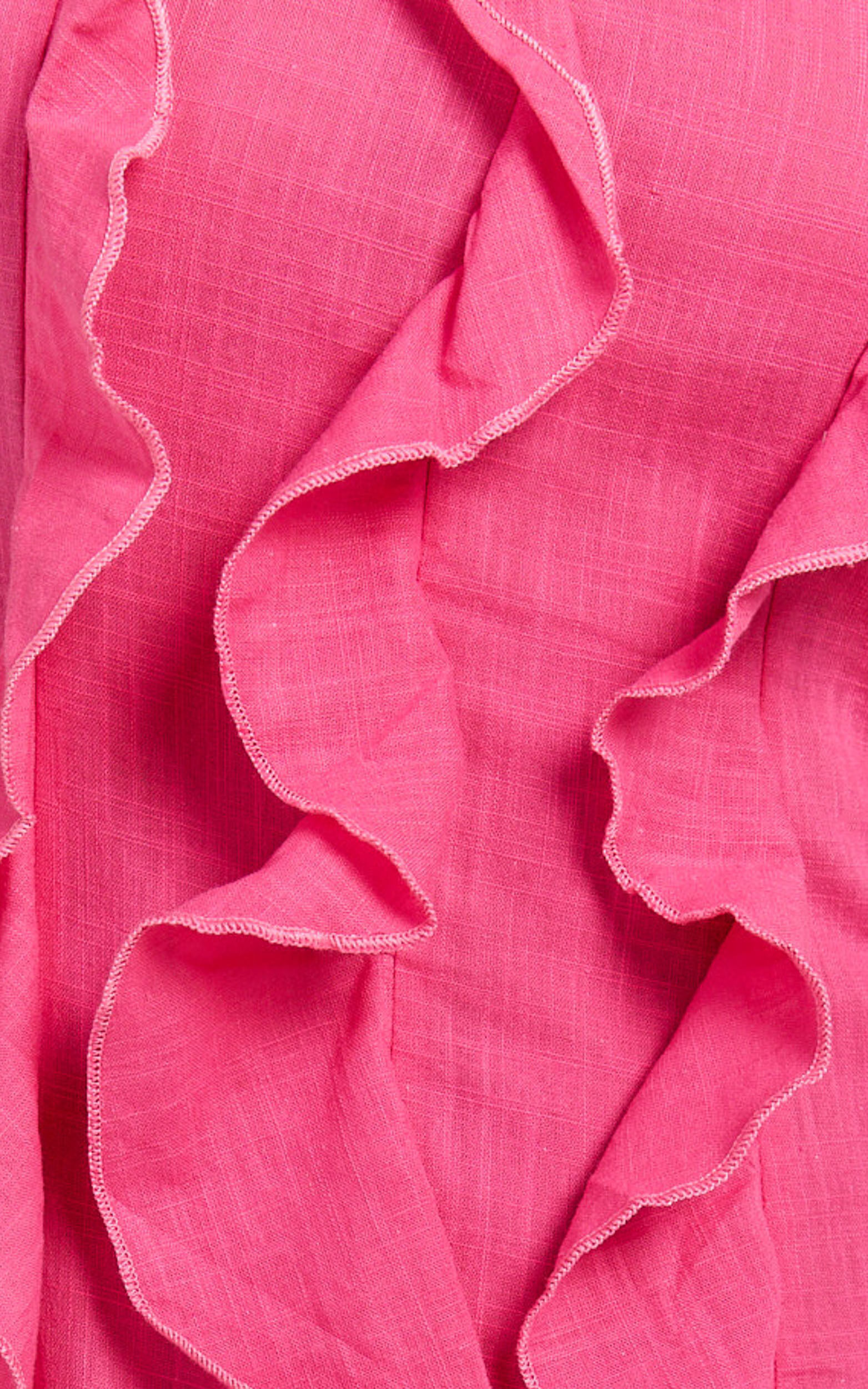 Britney Maxi Linen Dress - One Shoulder Ruffle Detail Dress in Pink