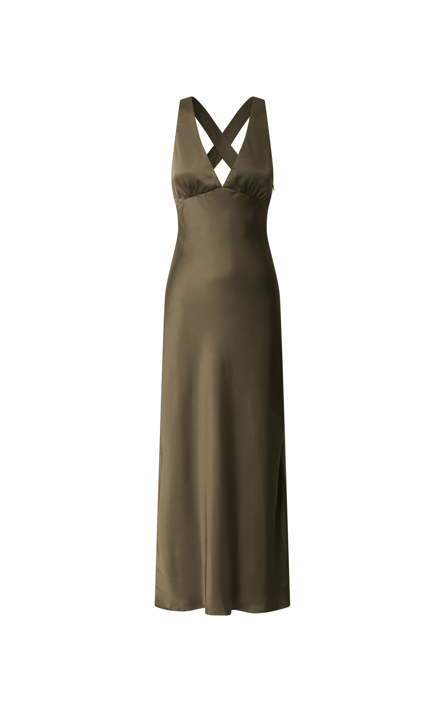 Khalani Midi Dress - Deep V Neck Satin Slip Dress in Dark Olive