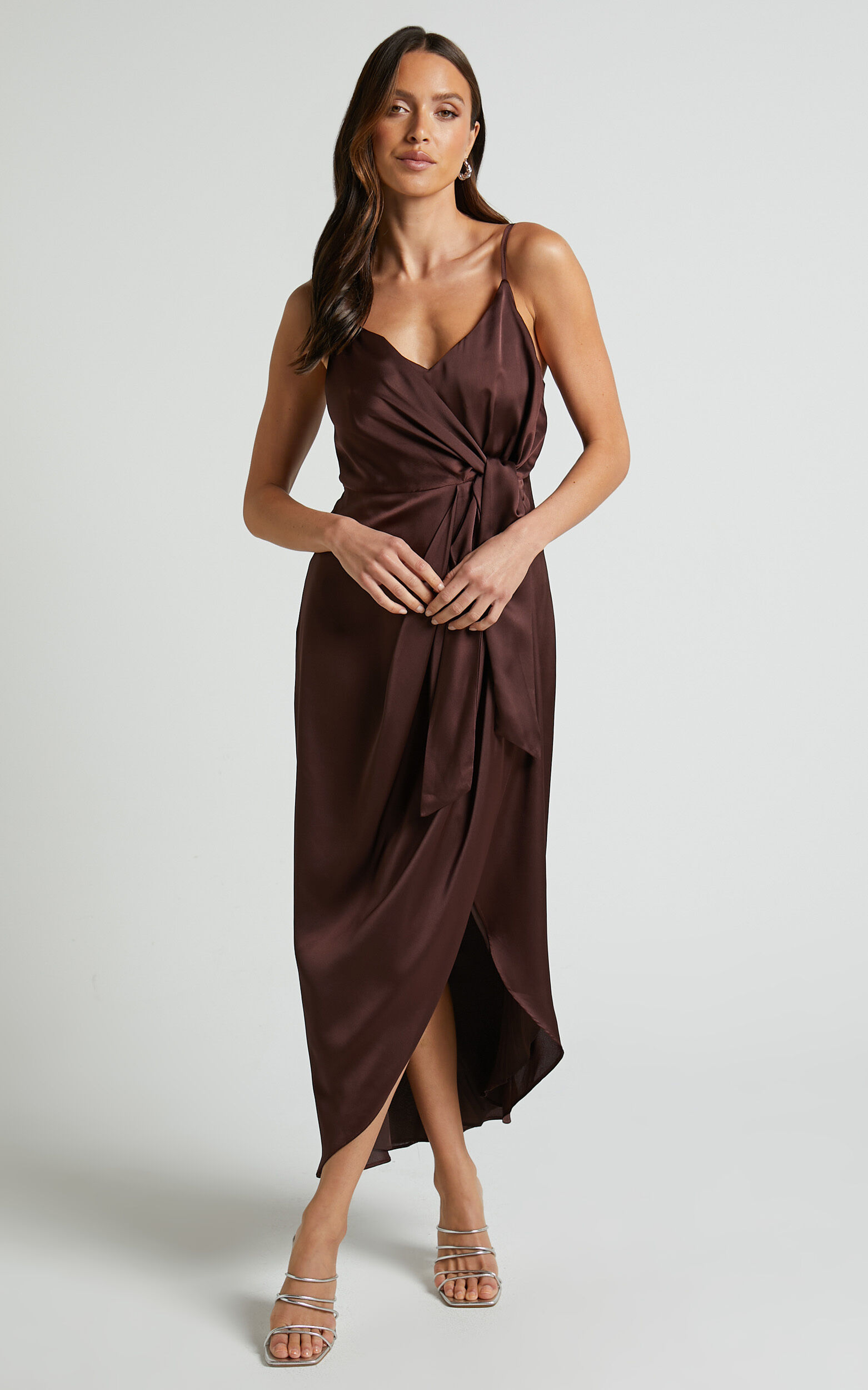 Katie Midi Dress - V Neck Tie Front Detail Dress in Chocolate