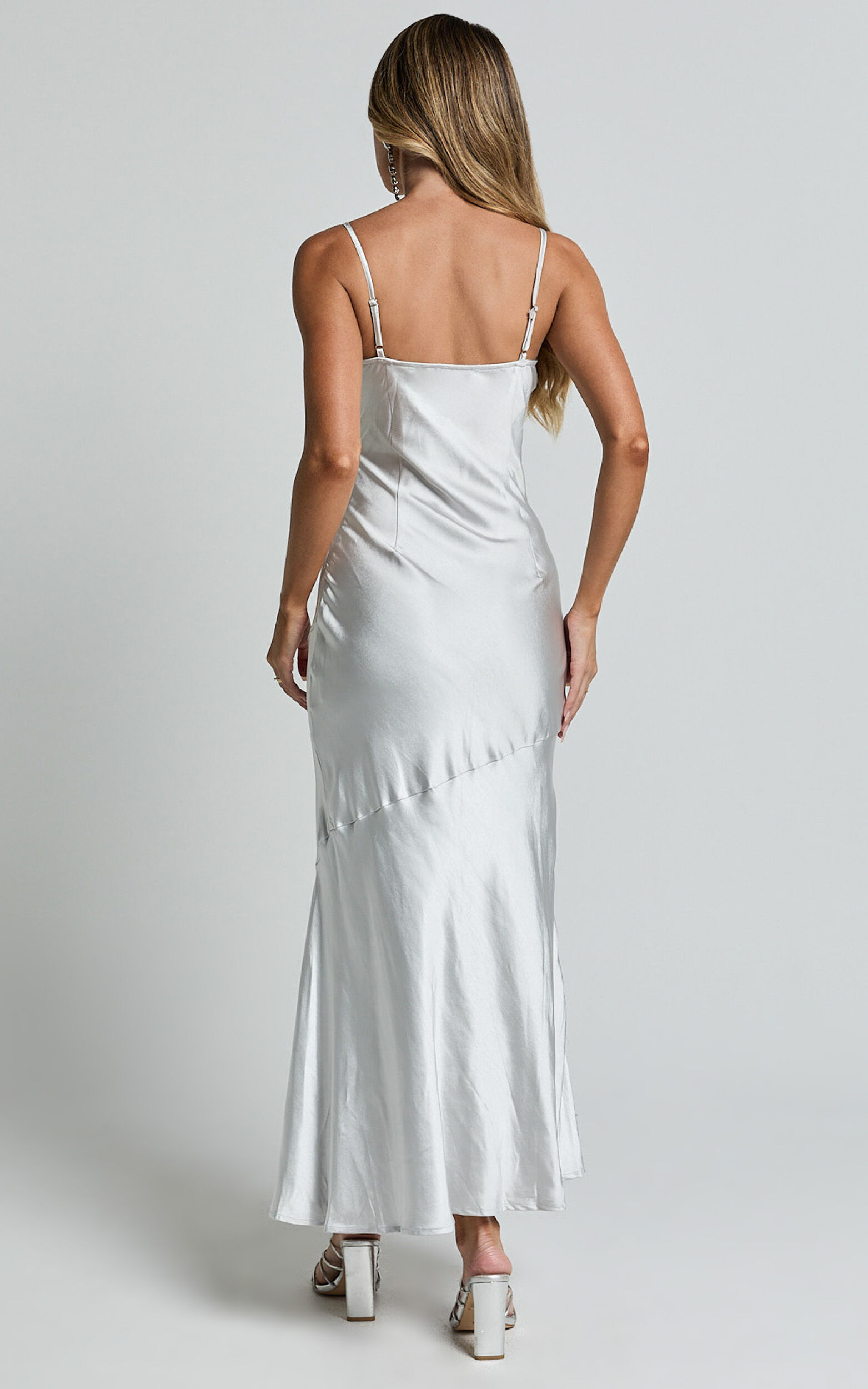Ylona Maxi Dress - Asymmetric Draped Bias Cut Satin Slip Dress in Oyster