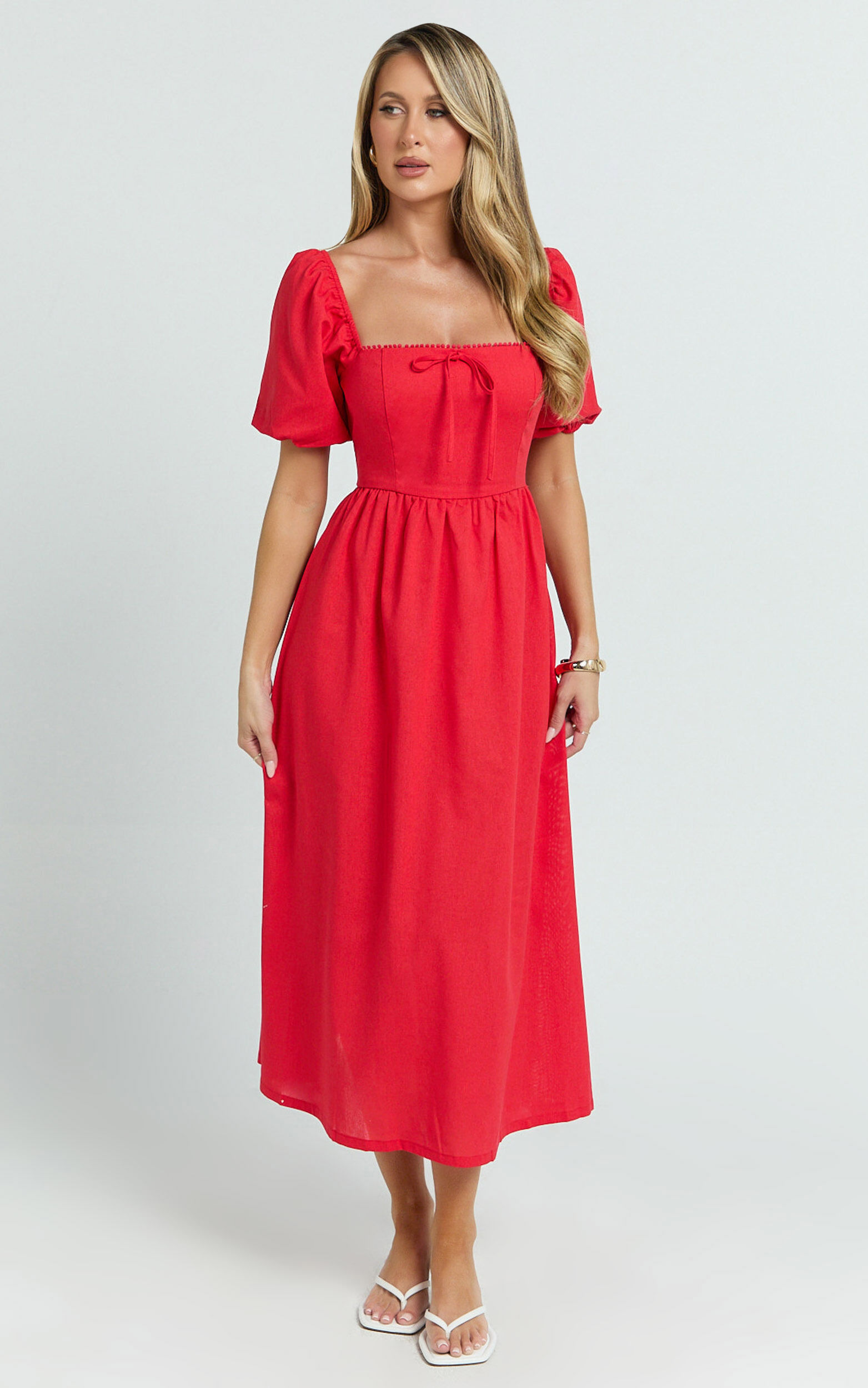 Quinn Midi Linen Dress - Puff Sleeve Square Neck Dress in Red