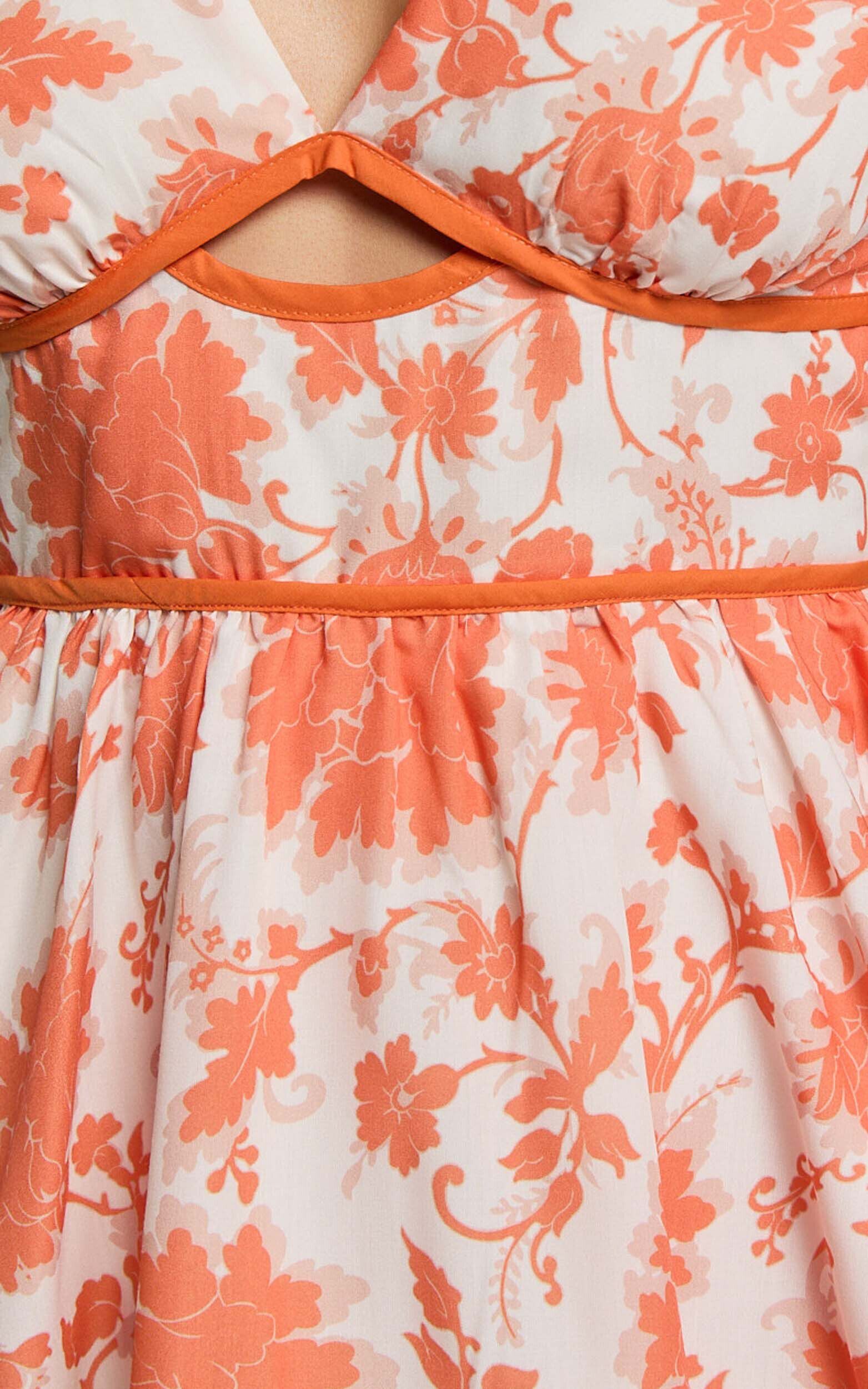 Natalia Mini Dress - Puff Sleeve Cut Out Dress in Orange Floral