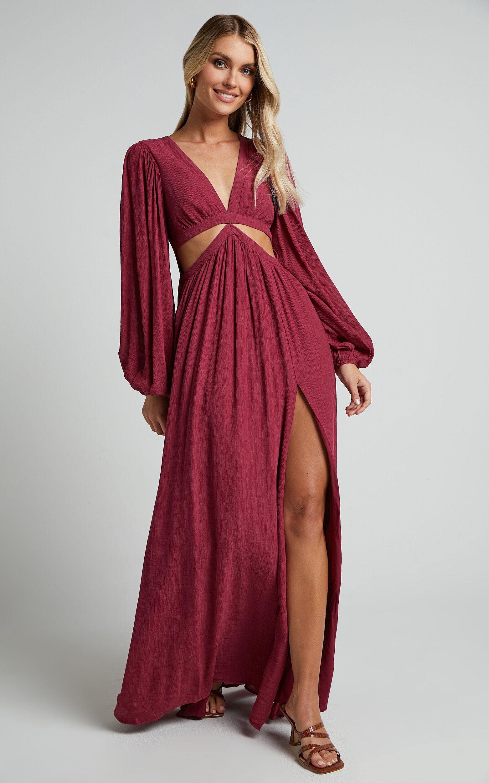 Paige Maxi Dress - Side Cut Out Balloon Sleeve Dress in Mulberry