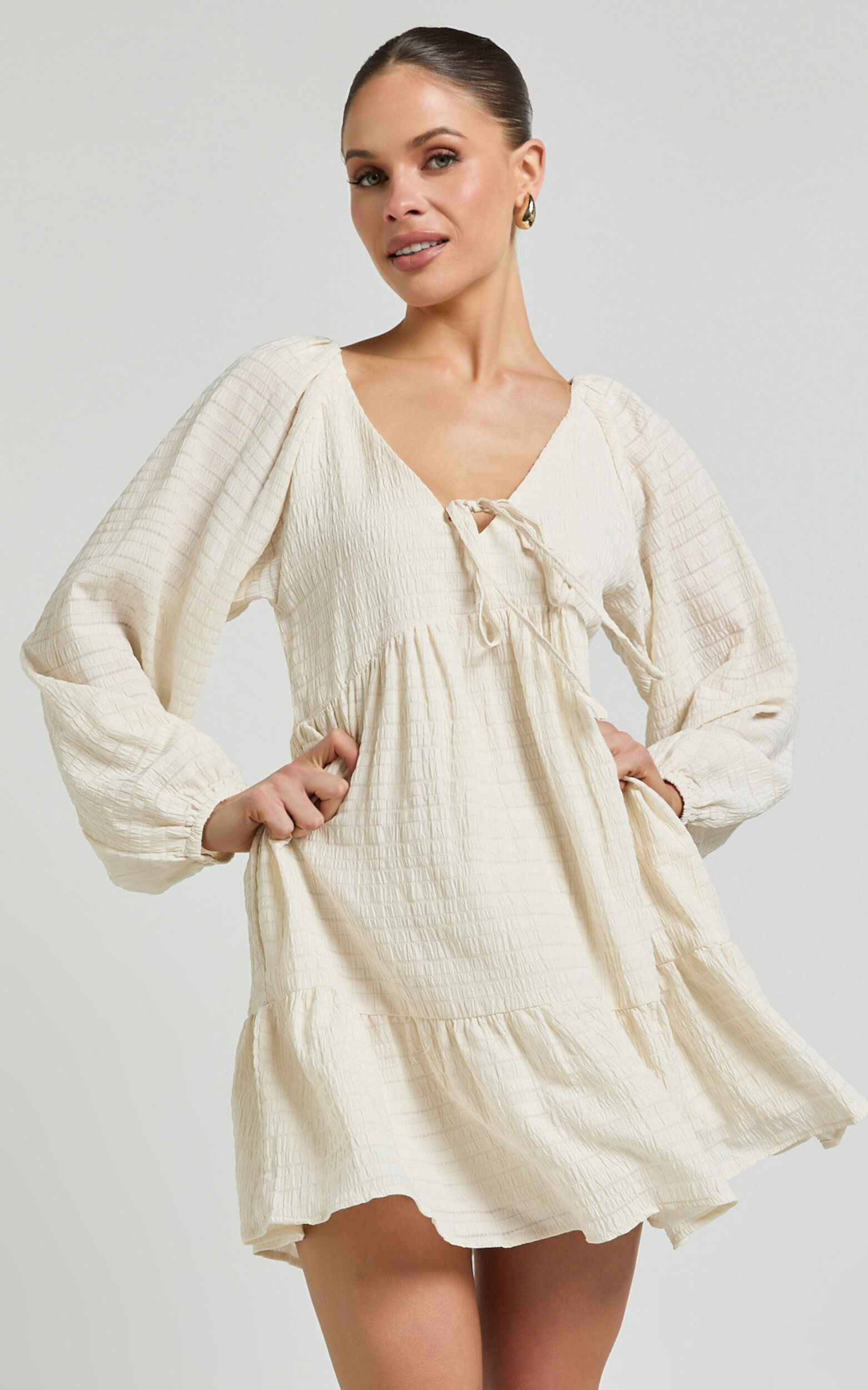 Chaney Mini Dress - Long Sleeve Tie Front Smock Dress in Ivory
