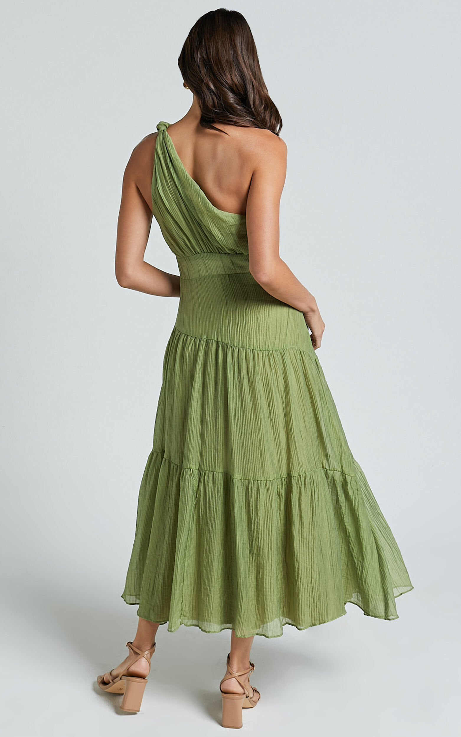 Edeline Midi Dress - One Shoulder Twist Tiered Dress in Olive