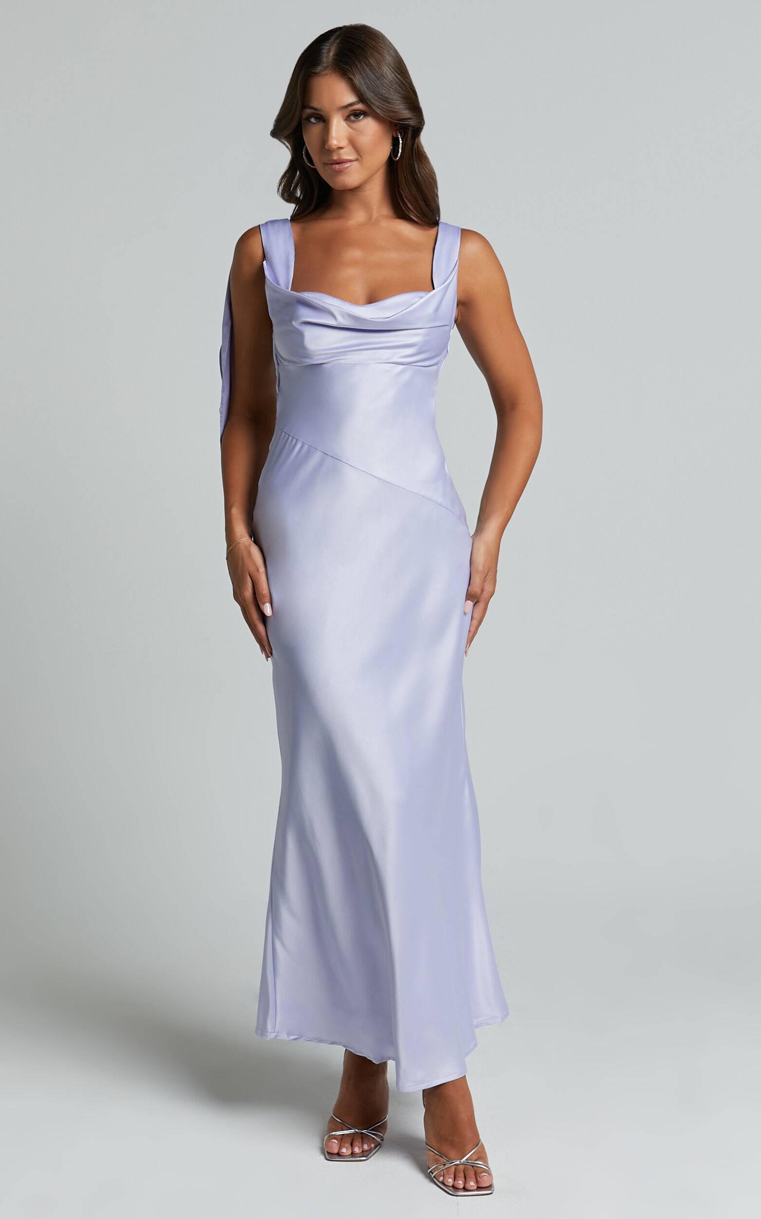 Cecilia Midi Dress - Cowl Neck Satin Bias Cut Dress in Lilac