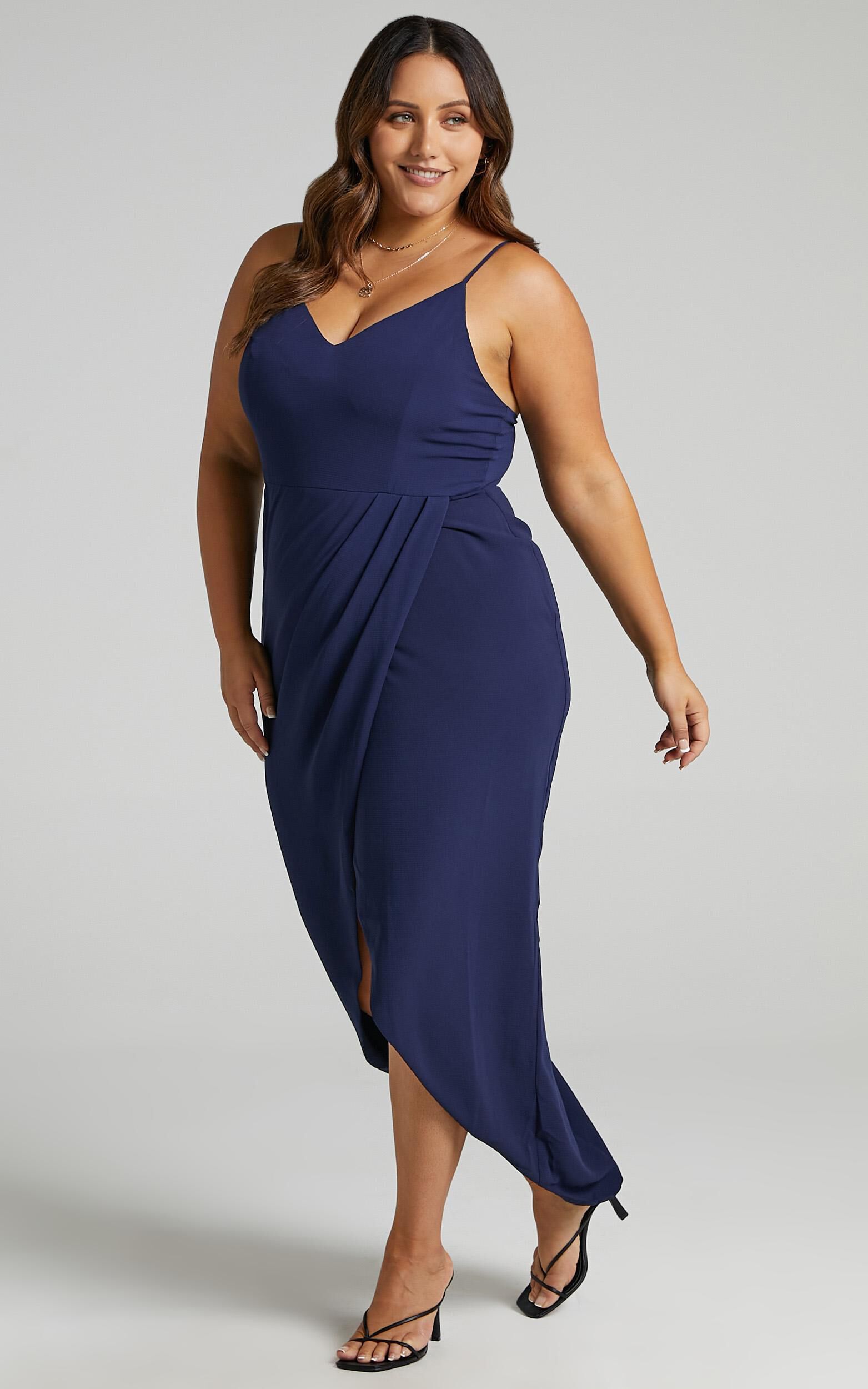 Lucky Day Midi Dress - V Neck Drape Dress in Navy