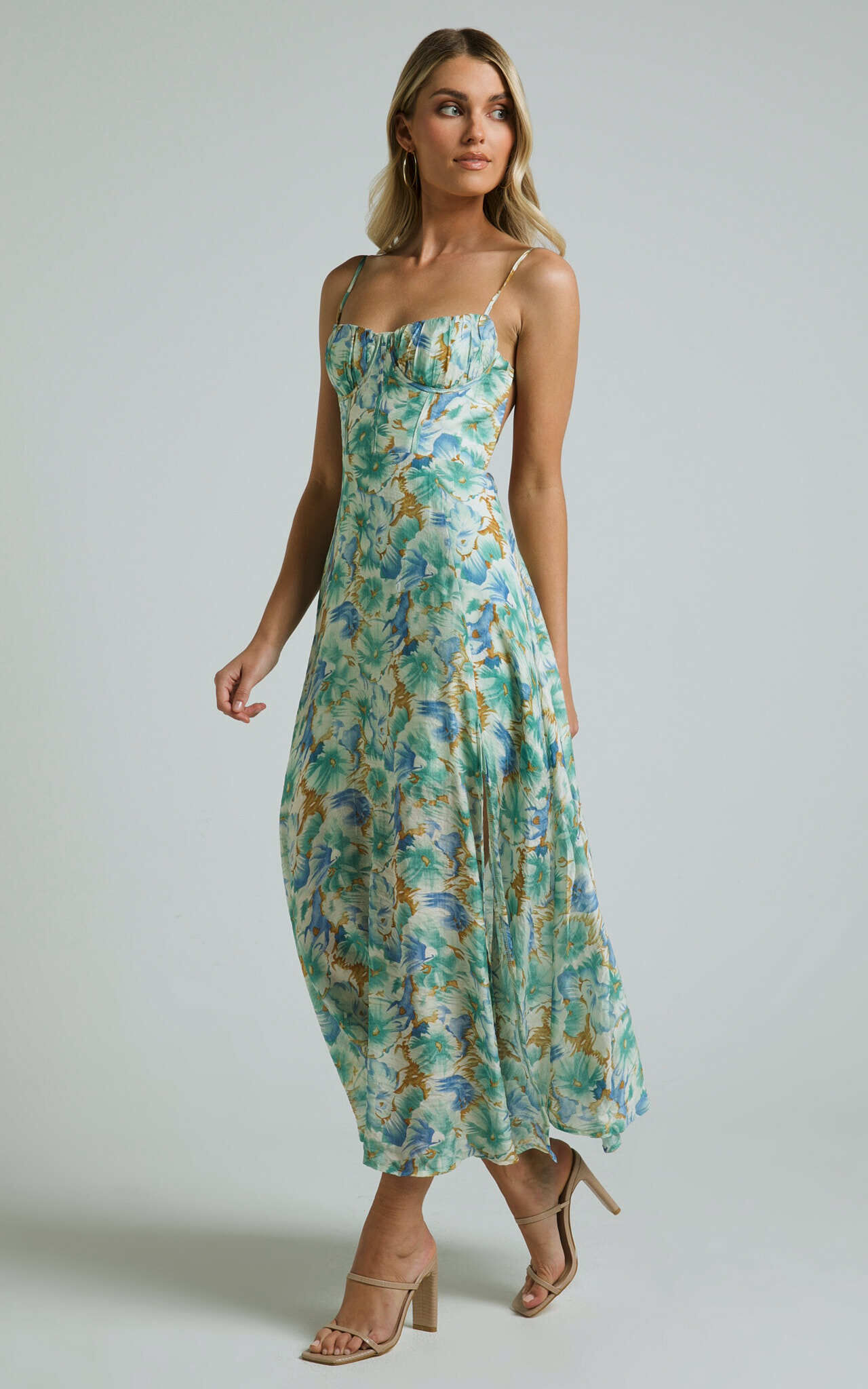 Elenita Midi Dress - Cup Bust Sleeveless Slit Dress in Green Floral