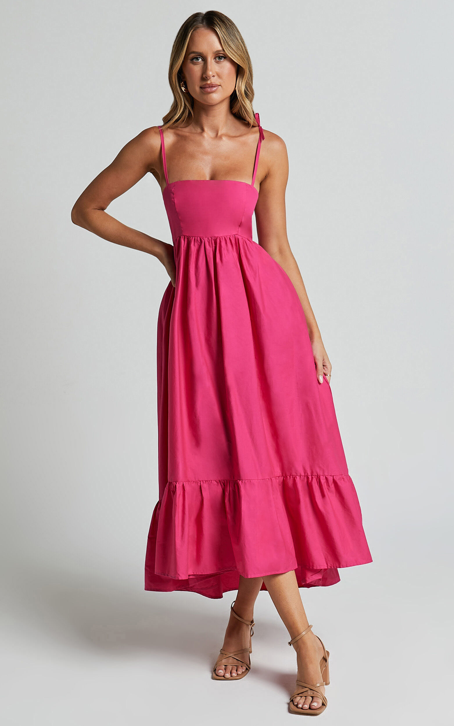 Aveiro Midi Dress - Straight Neck Shoulder Tie High Low Ruffle Hem in Raspberry