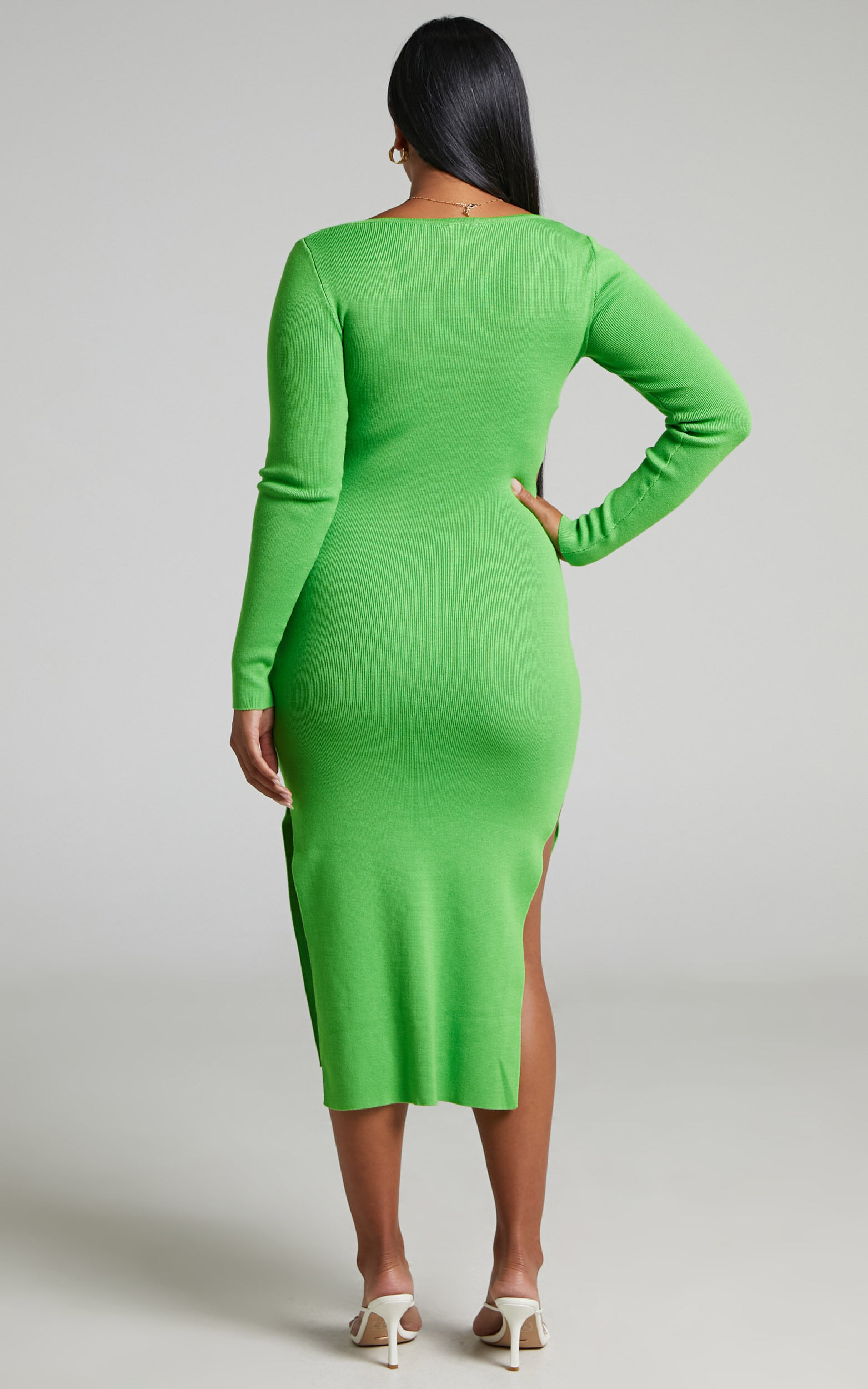 Clymene Midi Dress - Side Cut Out Knit Dress in Lime