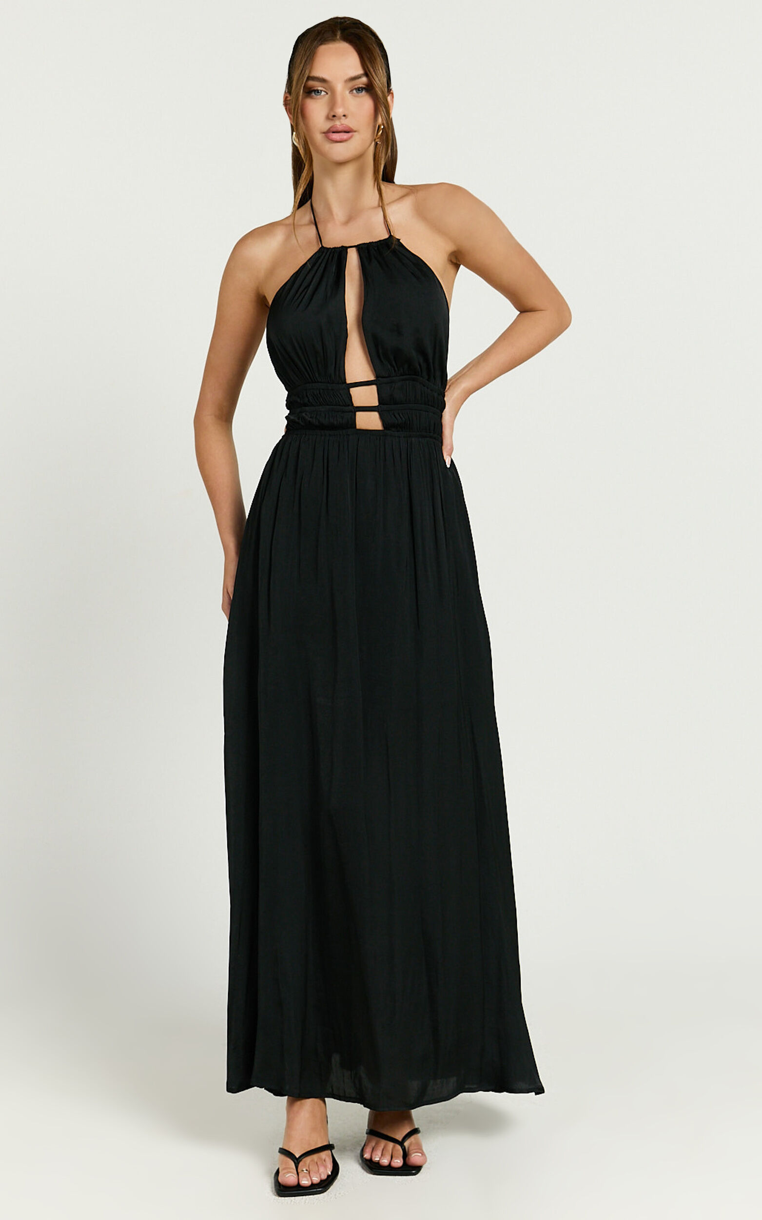 Denisa Maxi Dress - Open Back Halter Dress in Black