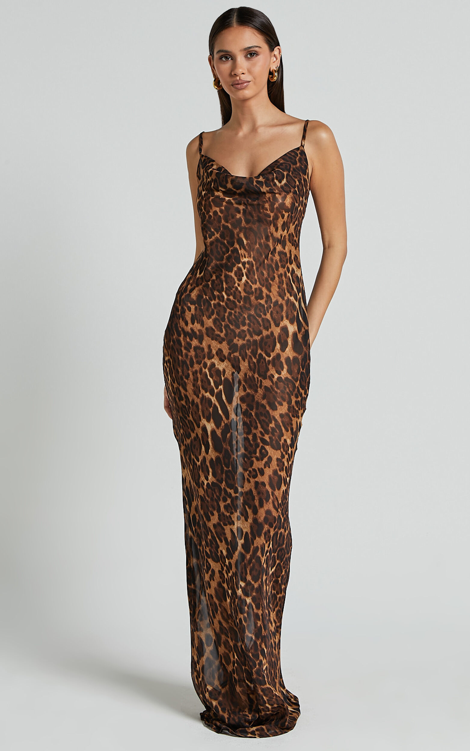 Hilary Maxi Dress - Sheer Cowl Neck Slip Dress in Leopard