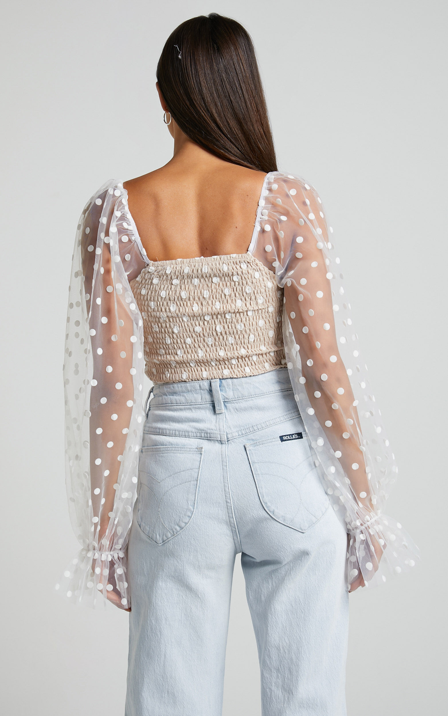 Venetia Bodysuit - Long Sleeve Spot Mesh Bodysuit in White Spot