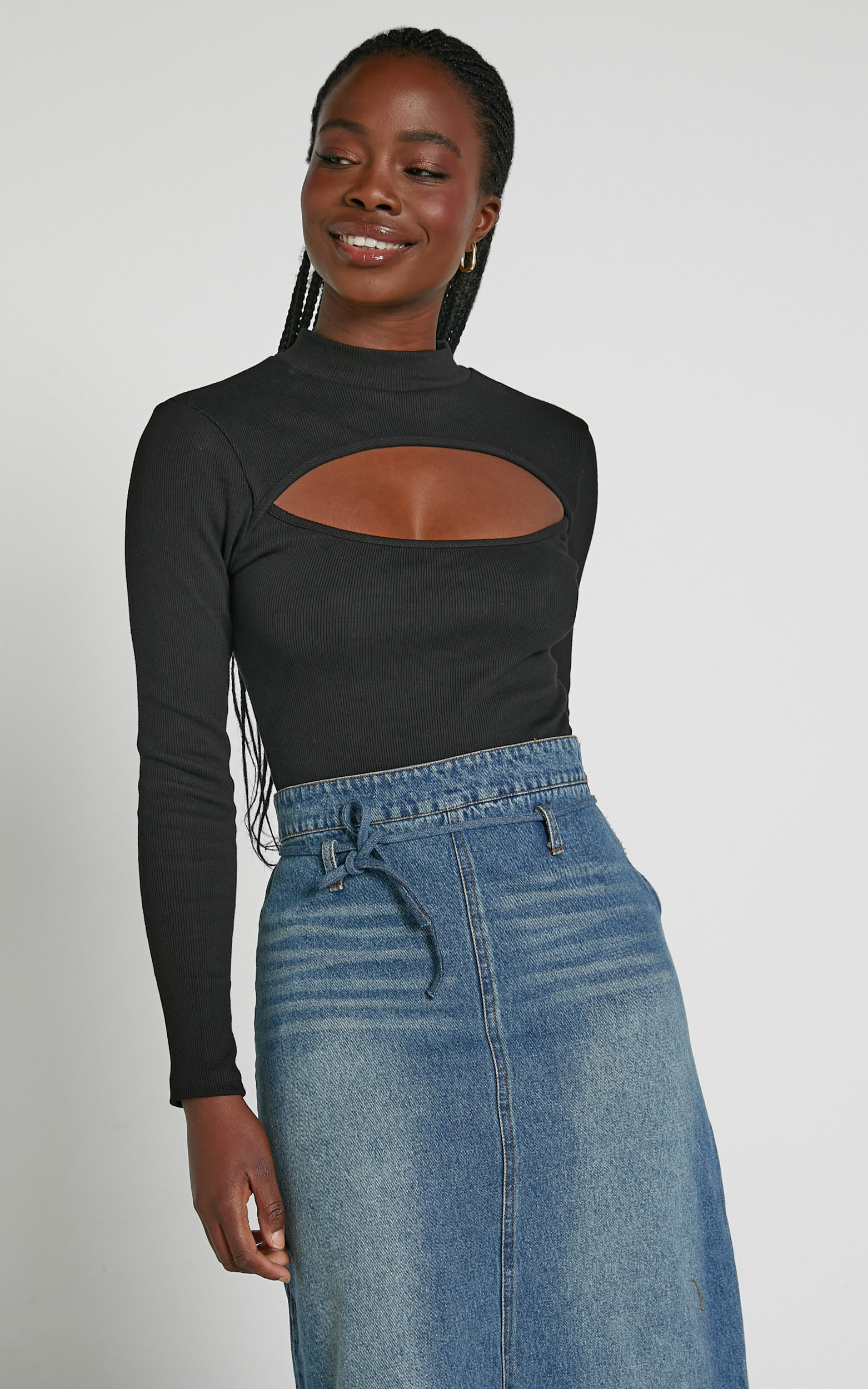 Cynlee Bodysuit - Cut Out Long Sleeve Bodysuit in Black