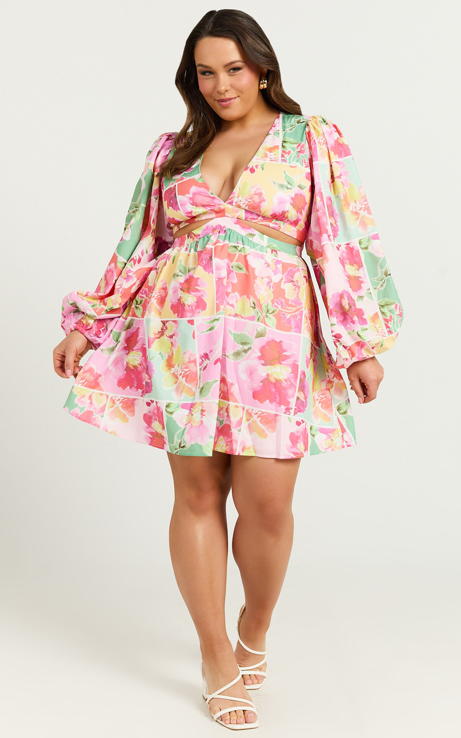 Emily Mini Dress - V Neck Long Sleeve Cut Out Dress in Blurred Patchwork Floral