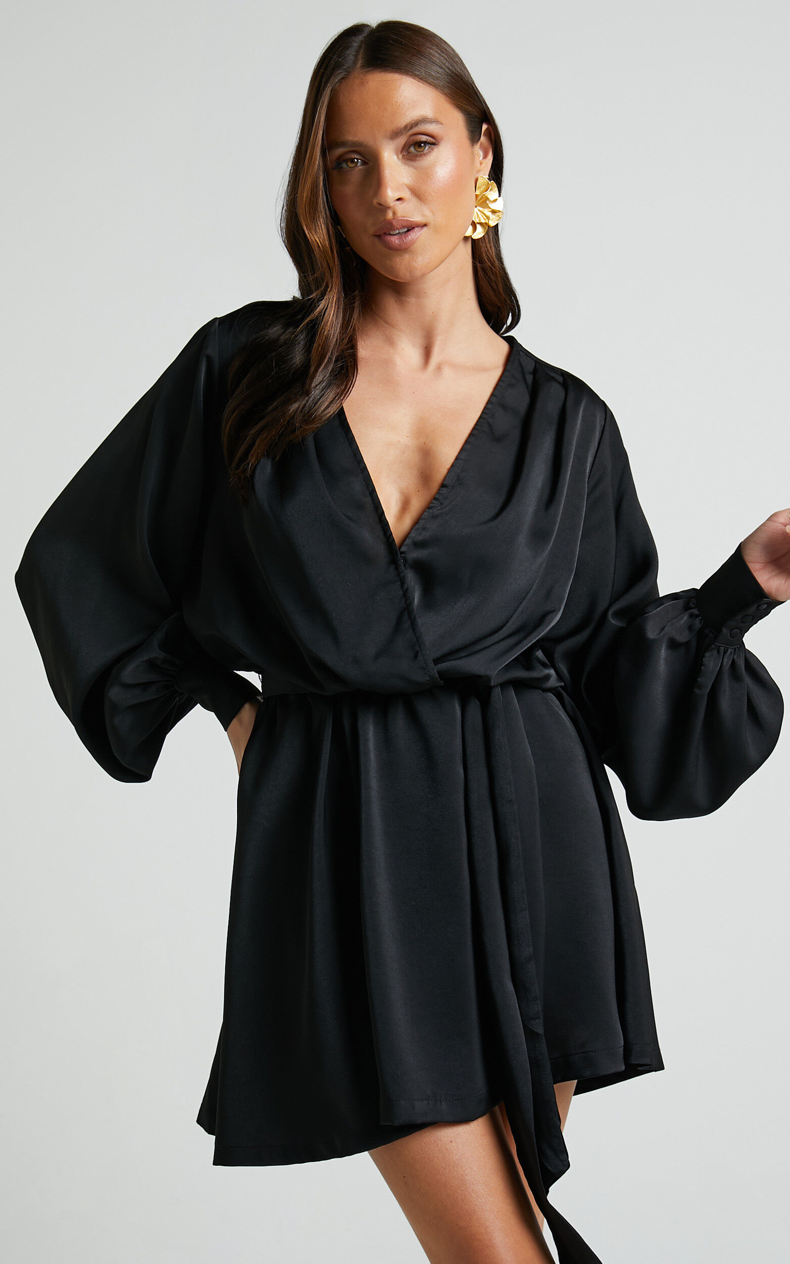 Laura Mini Dress - Long Sleeve V Neck Wrap Dress in Black