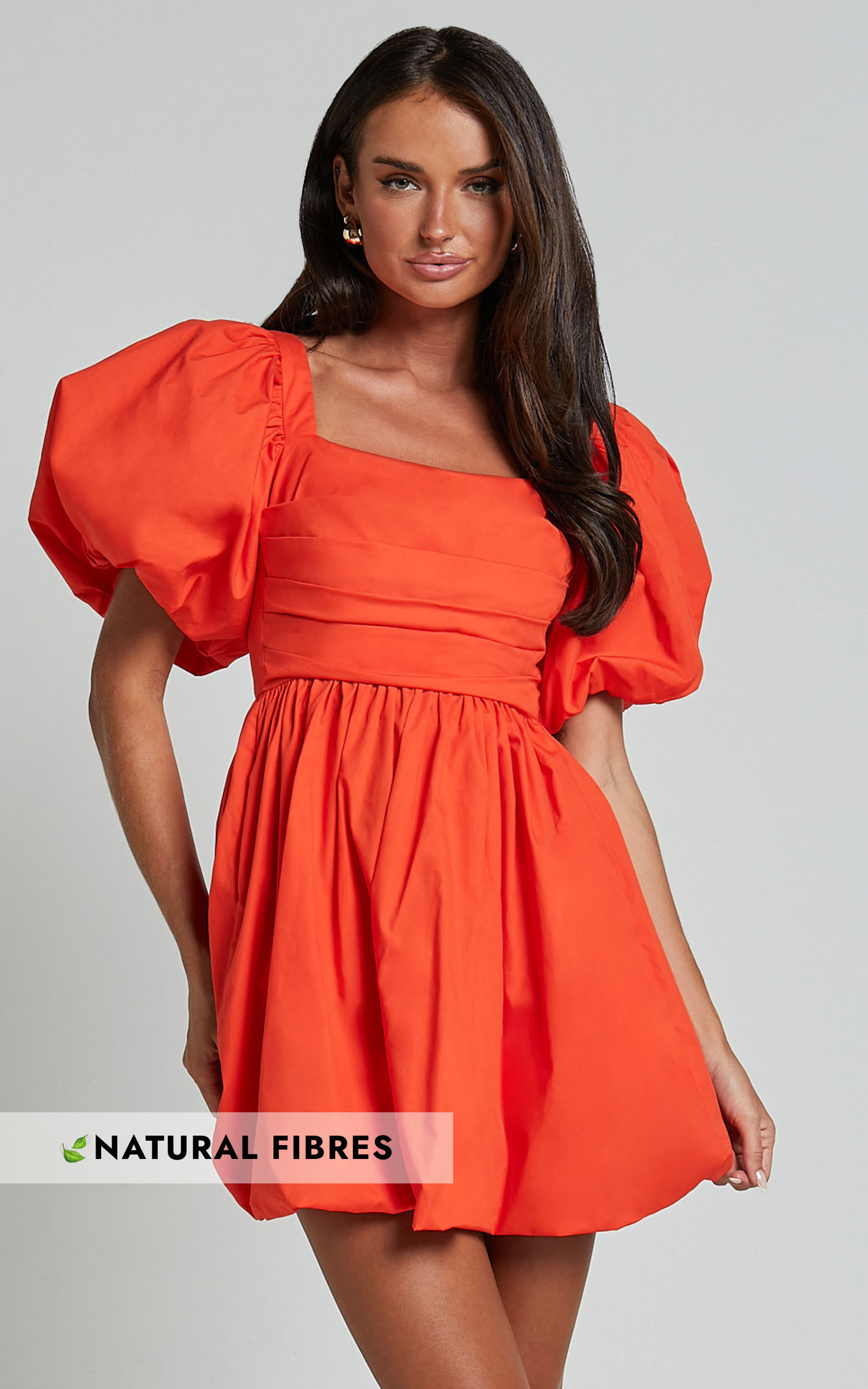 Tamara Mini Dress - Short Puff Sleeve Ruched Dress in Orange