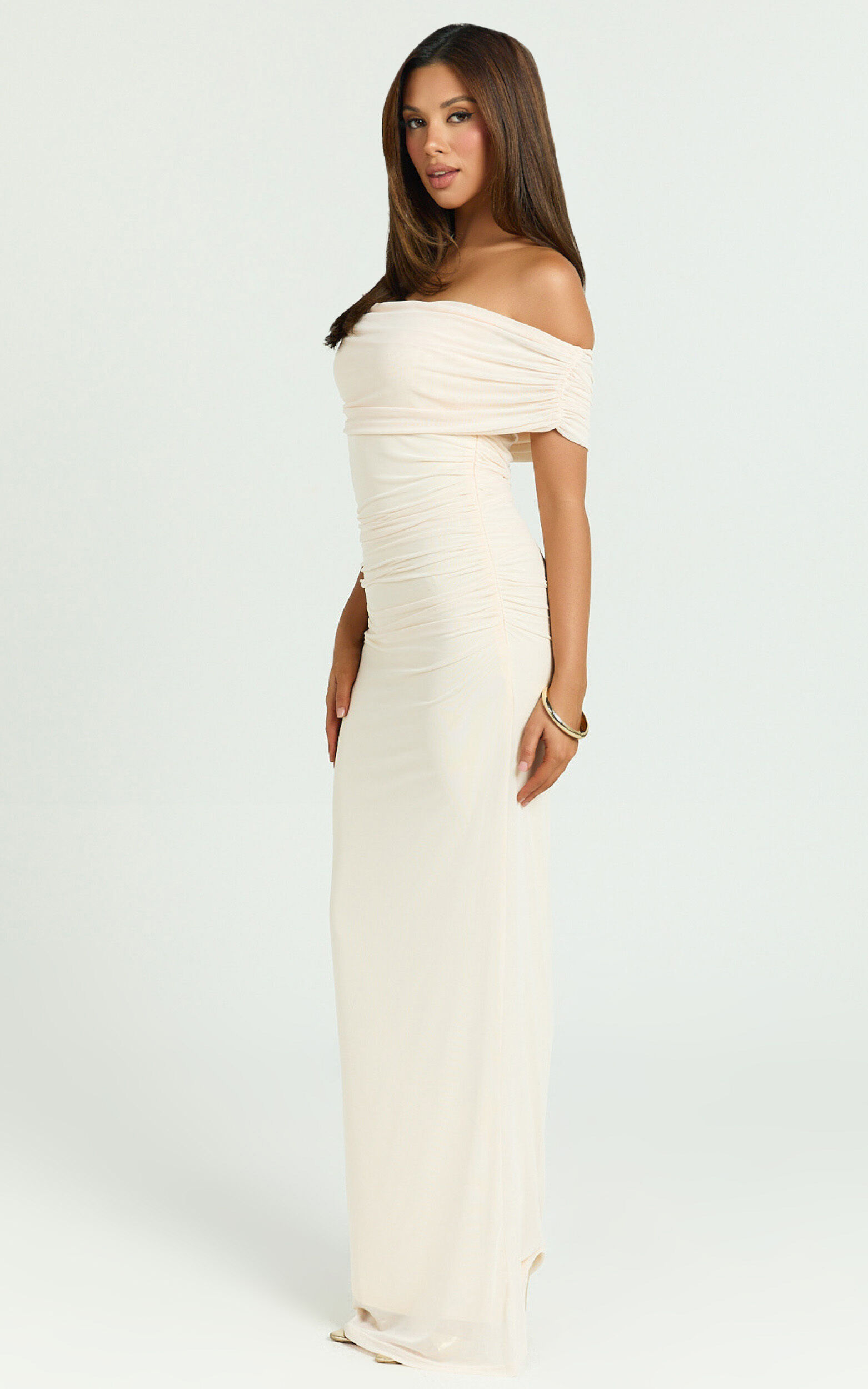 Caterina Maxi - Ruched Off Shoulder Mesh Dress in Off White