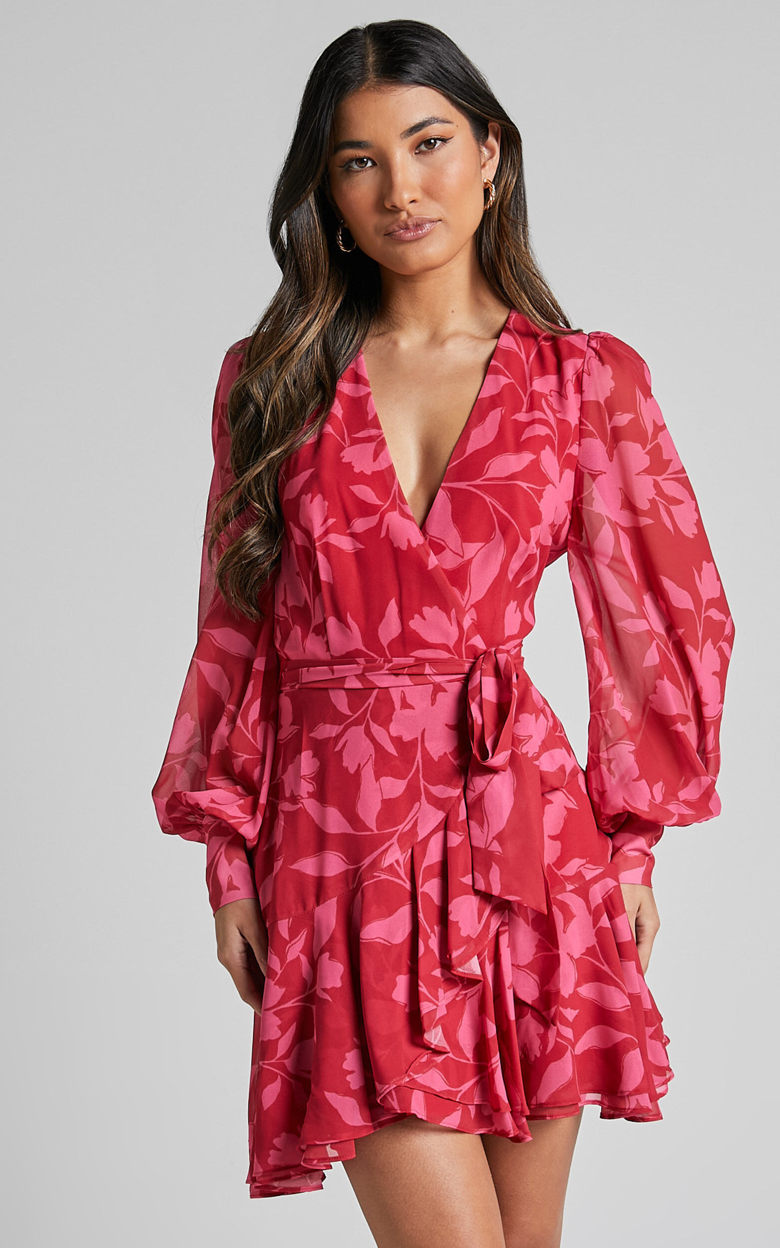 Aronia Mini Dress - V Neck Long Bishop Sleeve Ruffle Hem Wrap Dress in Havana Silhouette floral