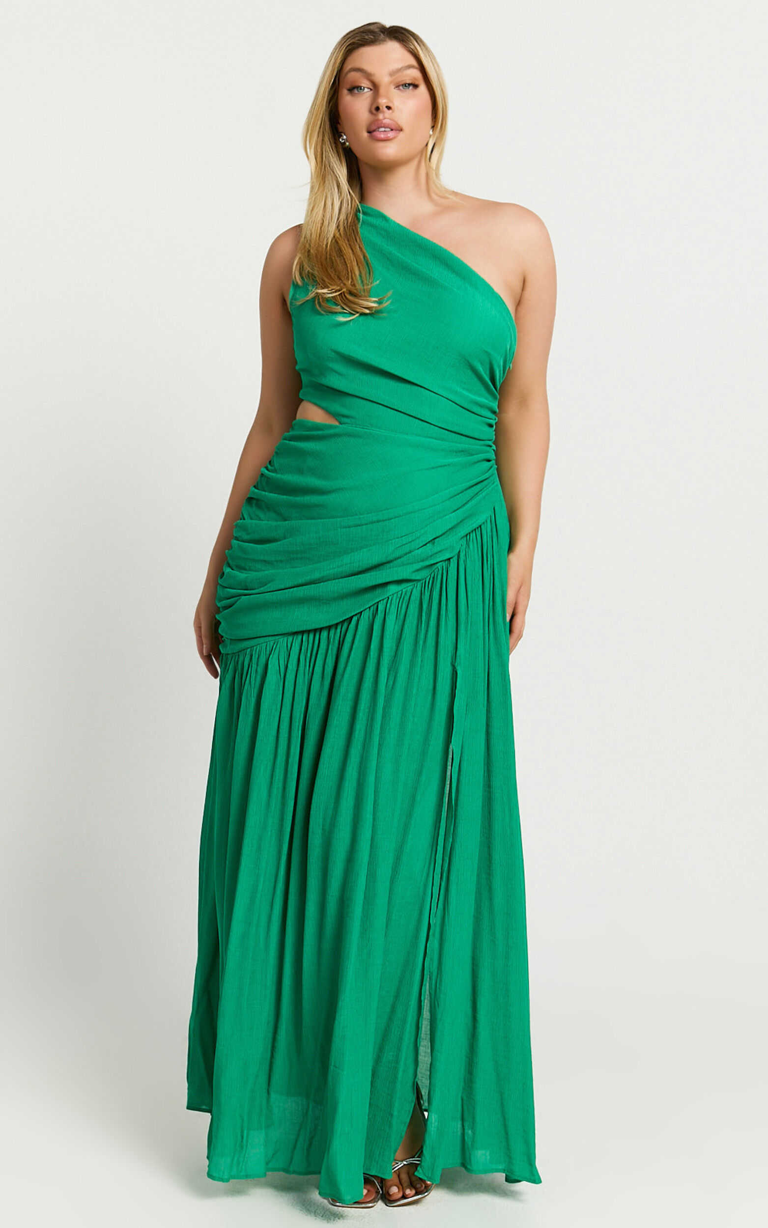Darcy Maxi Dress - One Shoulder Side Cut Out Gathered Dress in Green