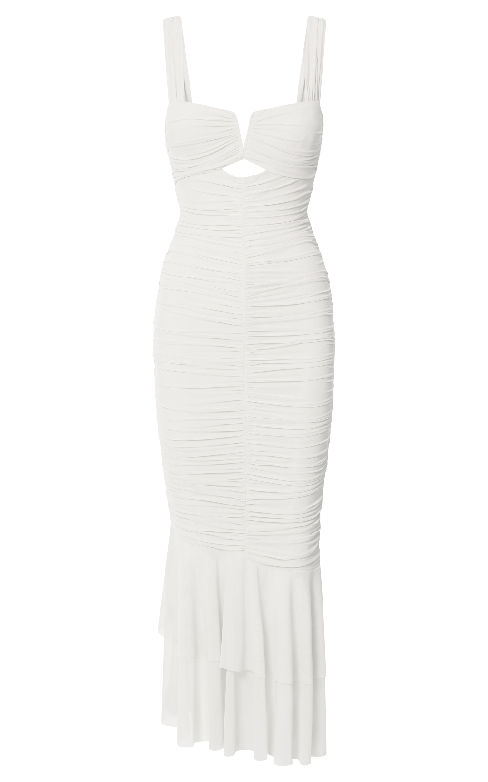 Kody Midi Dress - Bodycon Ruched Mesh Cut Out Dress in White