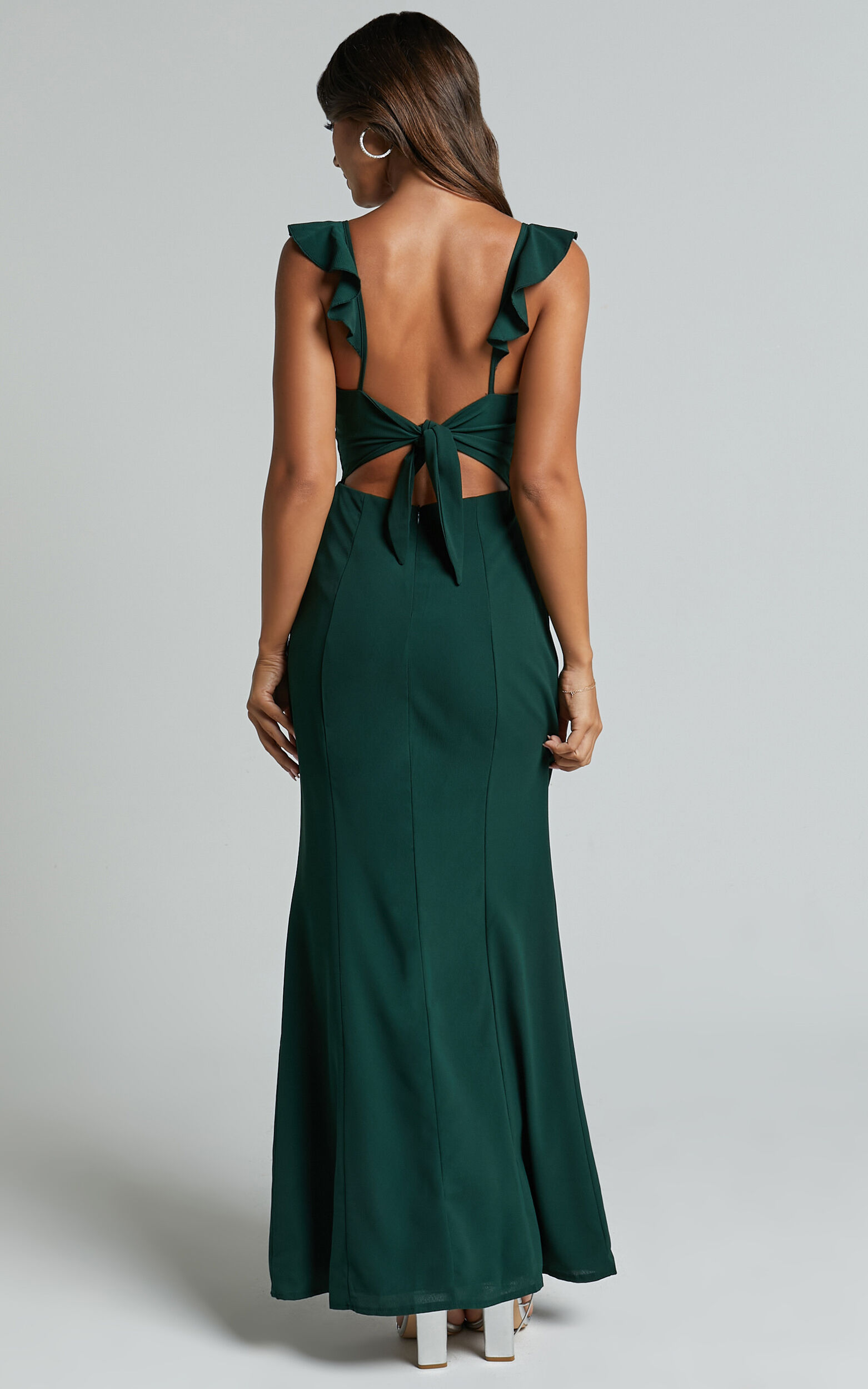 More Than This Maxi Dress - Ruffle Strap Thigh Split Dress in Emerald