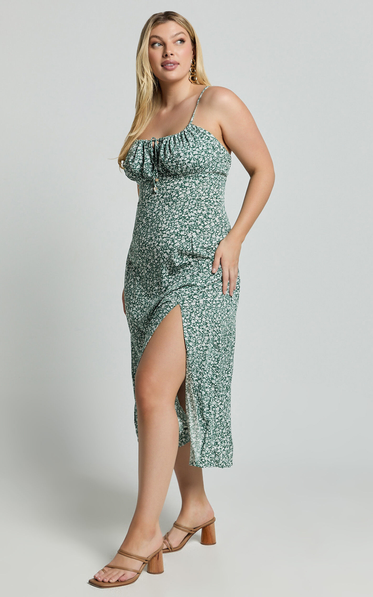 Willa Midi Dress - Ruched Bust Thigh Split Dress in Olive Floral