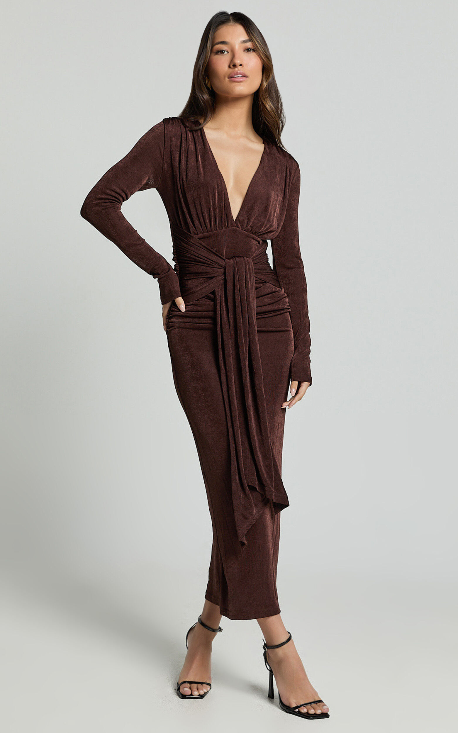 Melanie Midi Dress - Plunge Long Sleeve Tie Front Dress in Chocolate