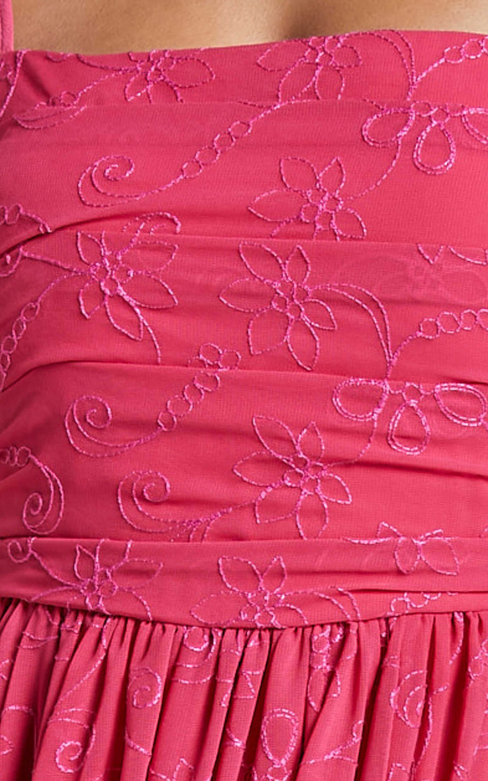 Adina Midi Dress - Embroidered Strappy Straight Neck Ruched Bodice Dress in Pink