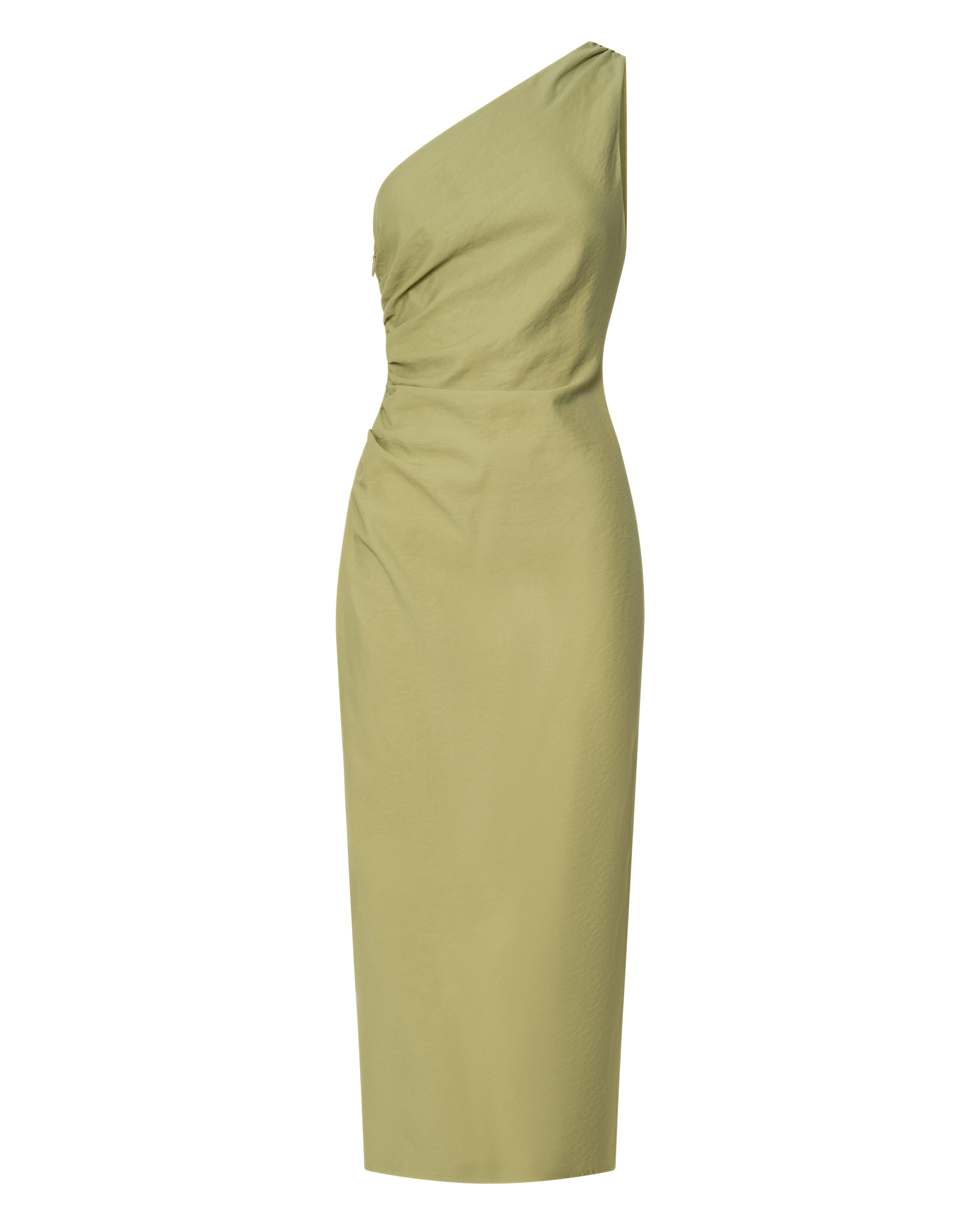 Arnie Midi Dress - One Shoulder Side Split Dress in Matcha Green