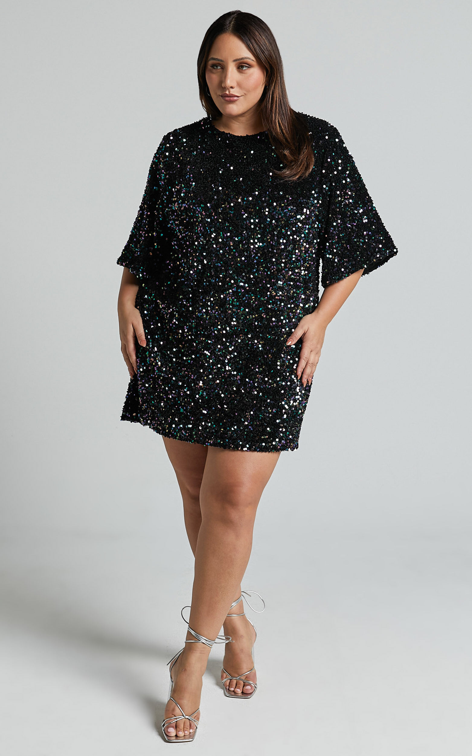 Valetta Mini Dress - Sequin low back shift dress in Midnight Blue Sequin