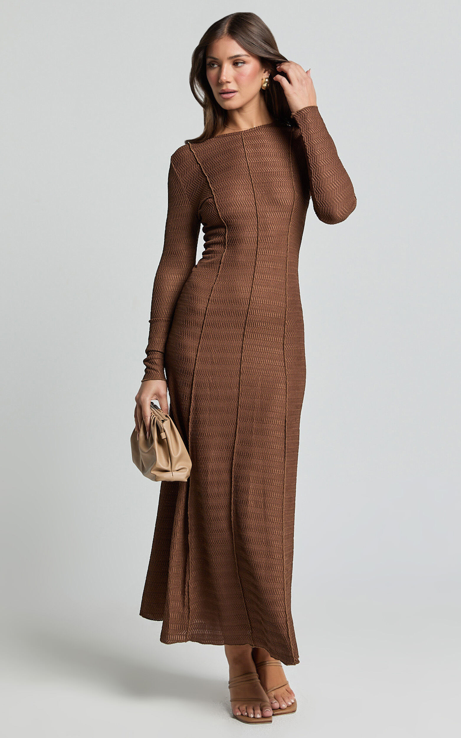 Valencia Maxi Dress - Long Sleeve A Line Dress in Chocolate
