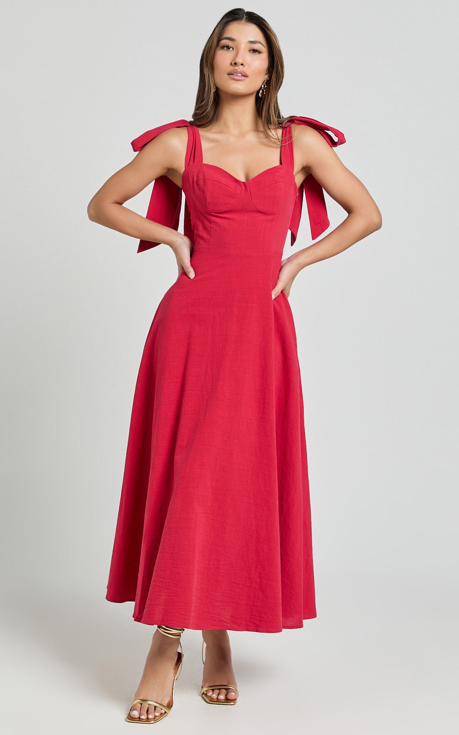 Tymia Midi Dress - Shoulder Tie Bustier Shirred Back A Line in Red